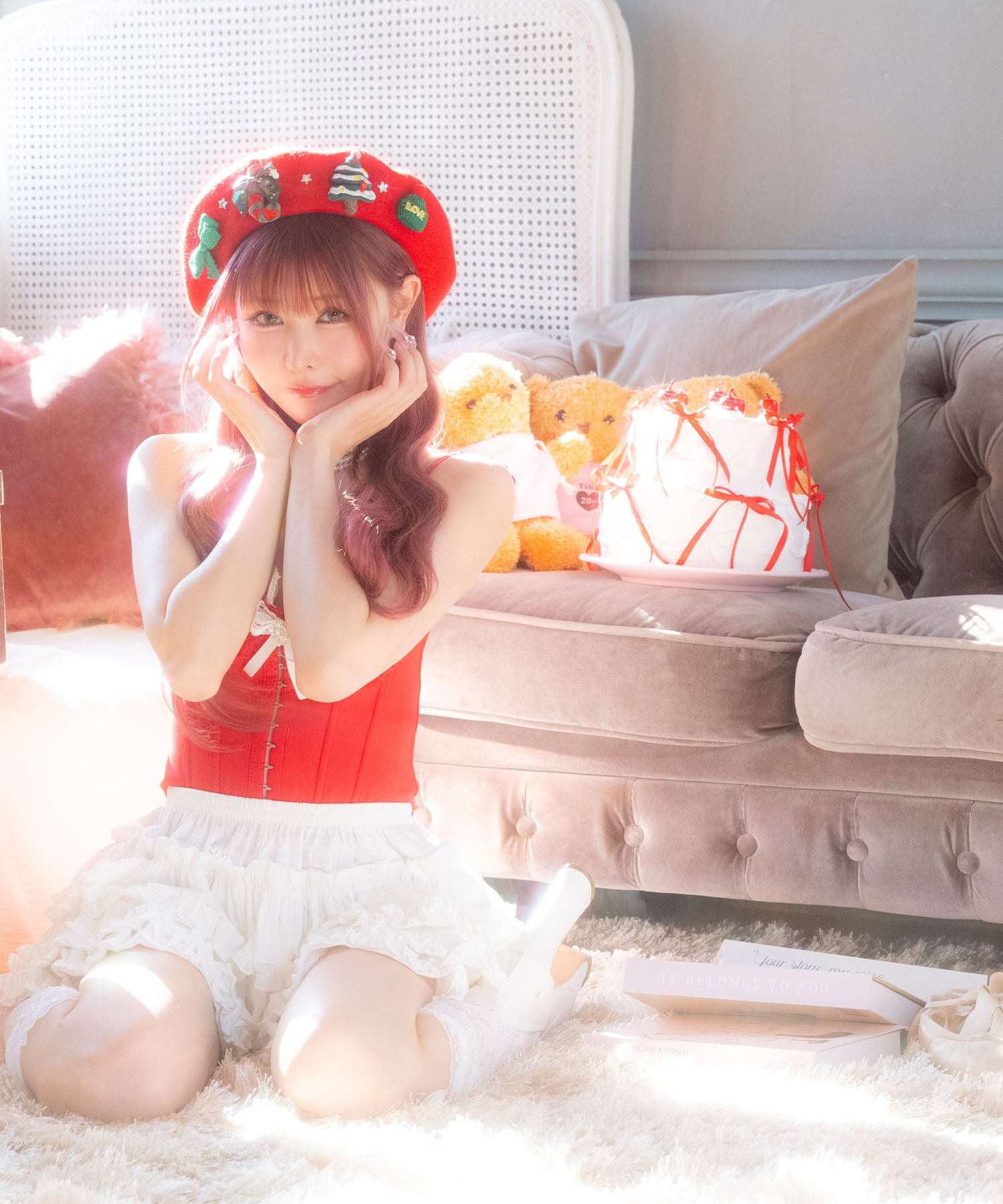 ティカ Tika サンタコスプレ  レース リボン コルセット ティアードフリル スカパン フレアスカート クリスマス コスチューム サンタコス 4点セット【返品不可商品】 （レッド×ホワイト） レッド×ホワイト