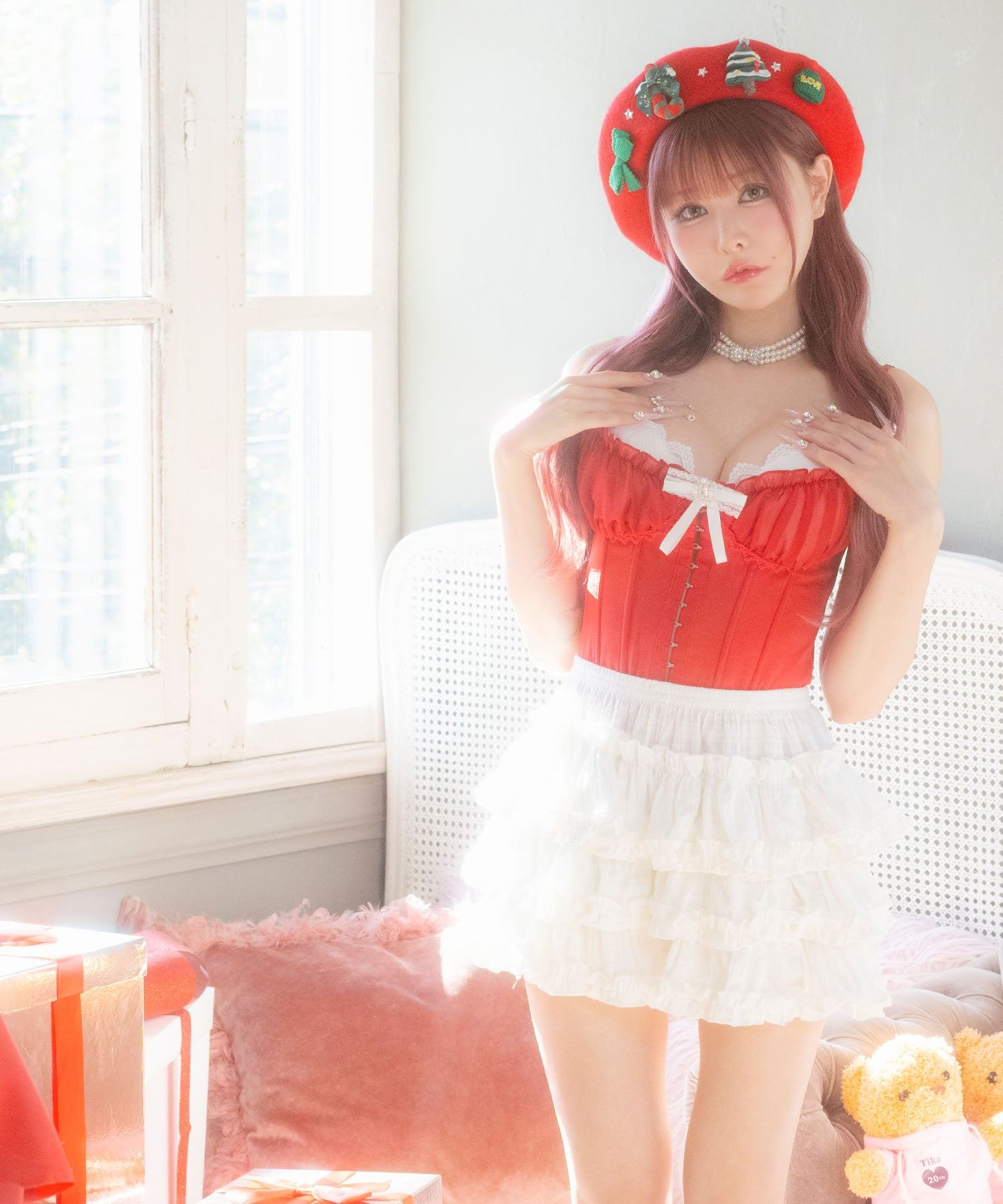 ティカ Tika サンタコスプレ  レース リボン コルセット ティアードフリル スカパン フレアスカート クリスマス コスチューム サンタコス 4点セット【返品不可商品】 （レッド×ホワイト） レッド×ホワイト