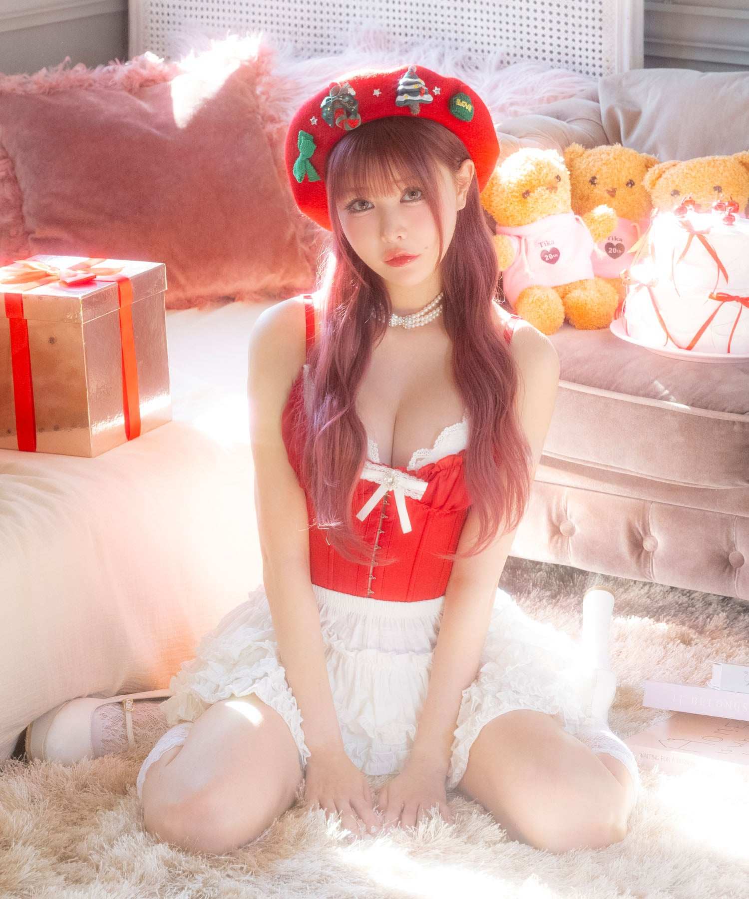 ティカ Tika サンタコスプレ  レース リボン コルセット ティアードフリル スカパン フレアスカート クリスマス コスチューム サンタコス 4点セット【返品不可商品】 （レッド×ホワイト） レッド×ホワイト