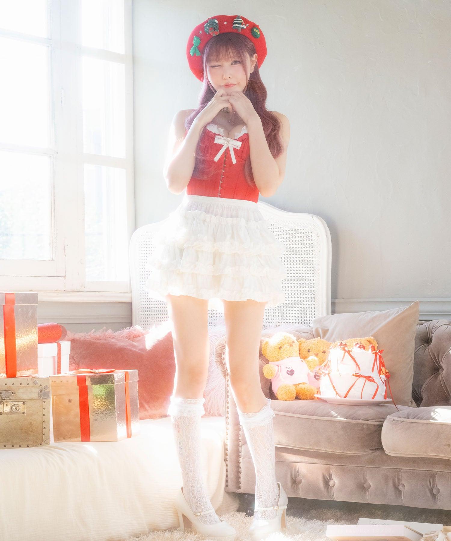 ティカ Tika サンタコスプレ  レース リボン コルセット ティアードフリル スカパン フレアスカート クリスマス コスチューム サンタコス 4点セット【返品不可商品】 （レッド×ホワイト） レッド×ホワイト