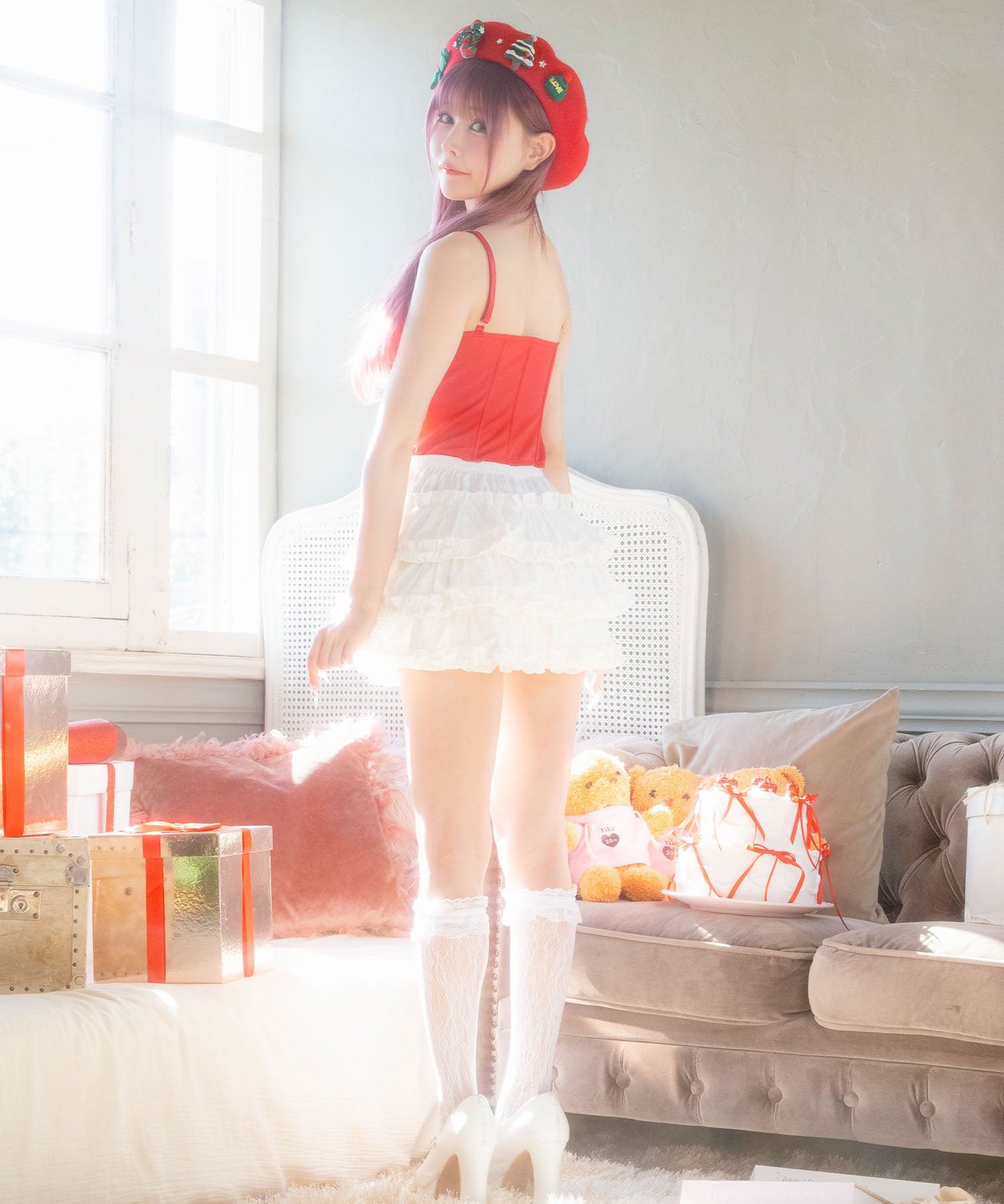 ティカ Tika サンタコスプレ  レース リボン コルセット ティアードフリル スカパン フレアスカート クリスマス コスチューム サンタコス 4点セット【返品不可商品】 （レッド×ホワイト） レッド×ホワイト