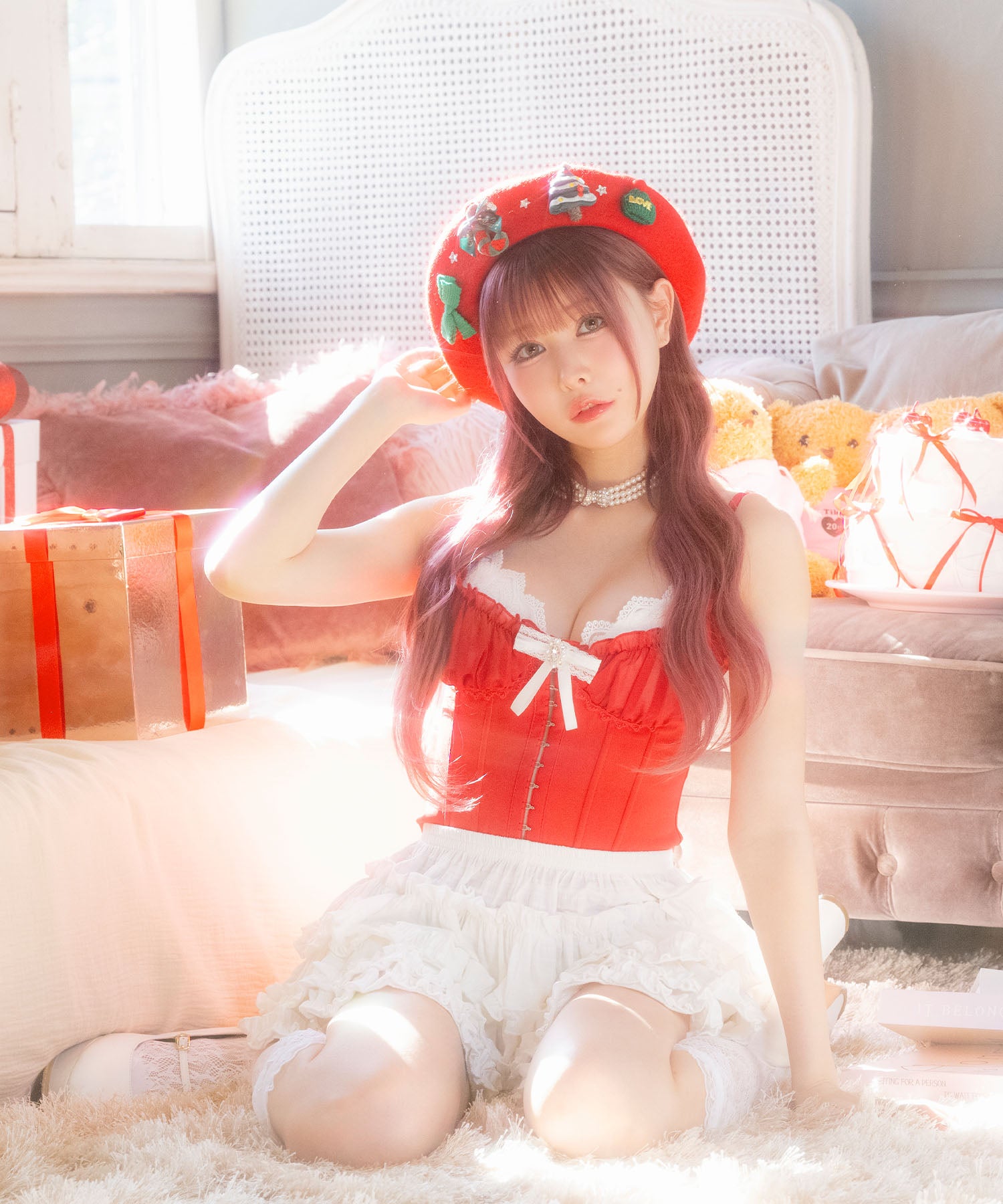 ティカ Tika サンタコスプレ  レース リボン コルセット ティアードフリル スカパン フレアスカート クリスマス コスチューム サンタコス 4点セット【返品不可商品】 （レッド×ホワイト） レッド×ホワイト