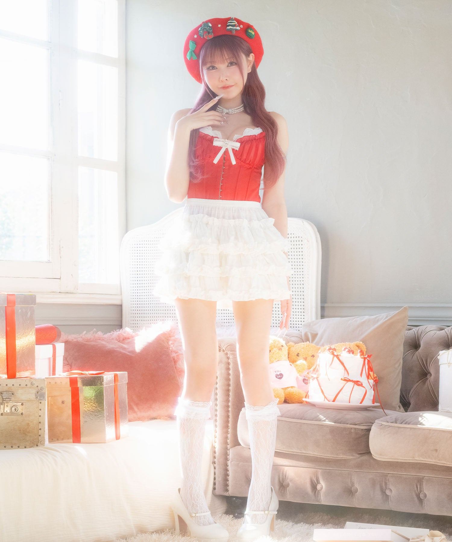 ティカ Tika サンタコスプレ  レース リボン コルセット ティアードフリル スカパン フレアスカート クリスマス コスチューム サンタコス 4点セット【返品不可商品】 （レッド×ホワイト） レッド×ホワイト