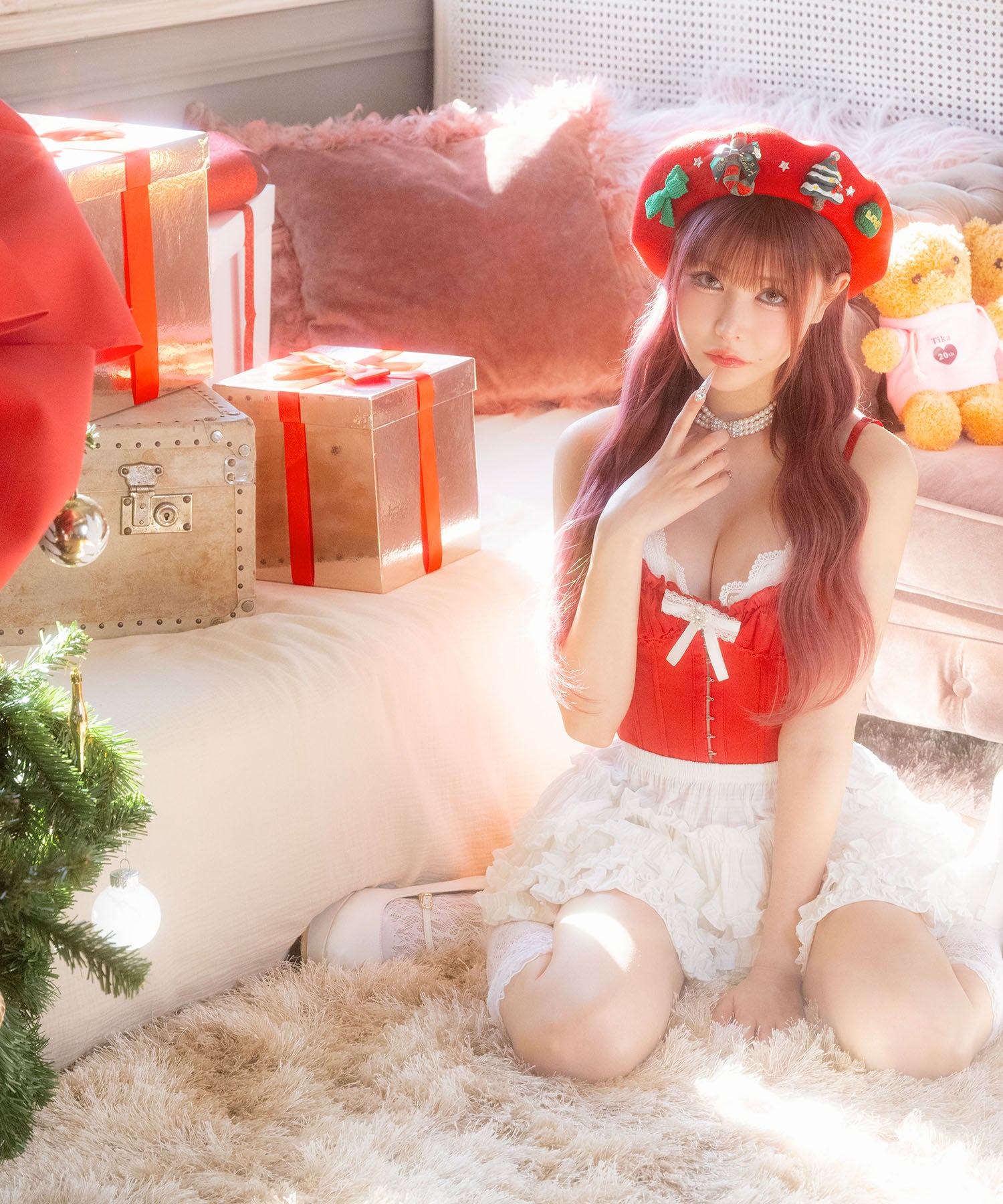 ティカ Tika サンタコスプレ  レース リボン コルセット ティアードフリル スカパン フレアスカート クリスマス コスチューム サンタコス 4点セット【返品不可商品】 （レッド×ホワイト） レッド×ホワイト