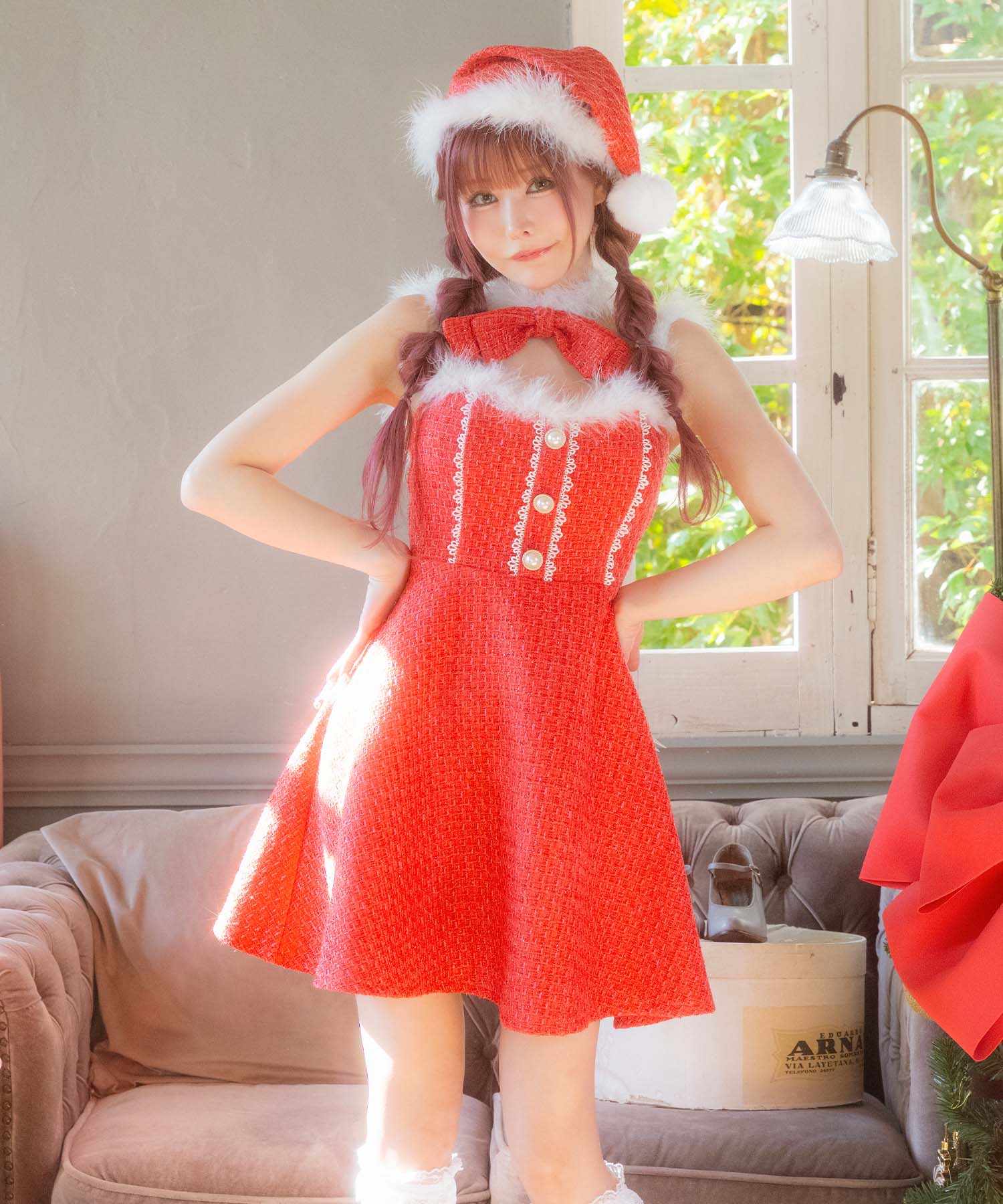ティカ Tika サンタコス サンタコスプレ ツイード リボン レース フレアスカート ドレス セクシー クリスマス コスチューム サンタコス 3点set 【返品不可商品】（レッド） レッド