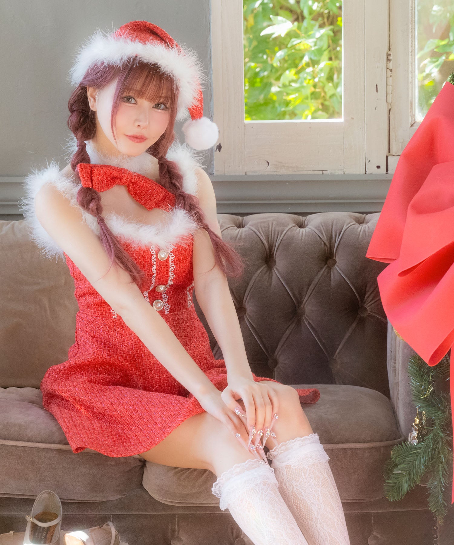 ティカ Tika サンタコス サンタコスプレ ツイード リボン レース フレアスカート ドレス セクシー クリスマス コスチューム サンタコス 3点set 【返品不可商品】（レッド） レッド