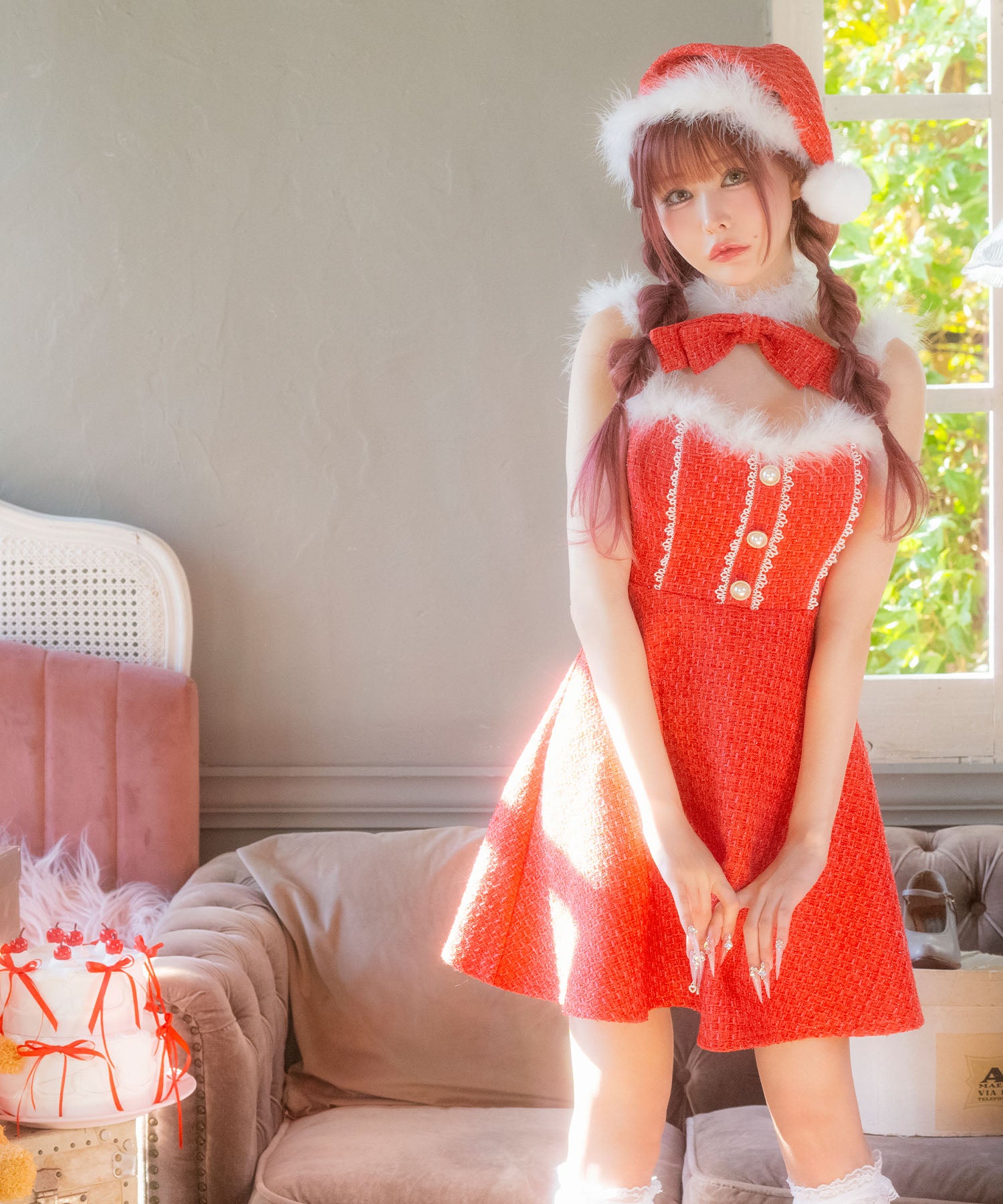 ティカ Tika サンタコス サンタコスプレ ツイード リボン レース フレアスカート ドレス セクシー クリスマス コスチューム サンタコス 3点set 【返品不可商品】（レッド） レッド