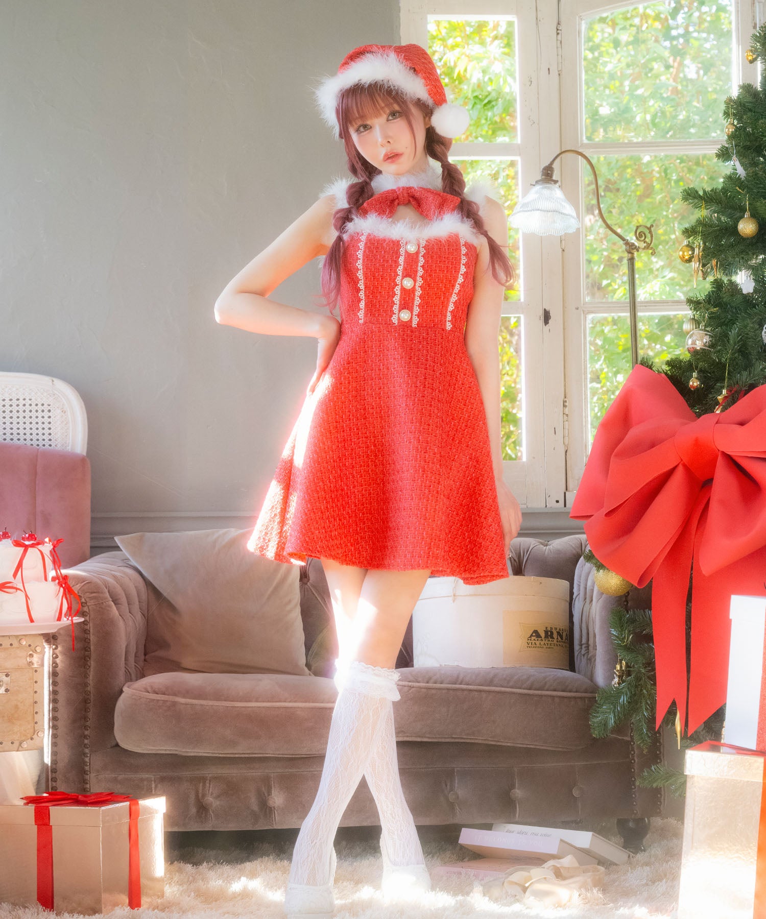 ティカ Tika サンタコス サンタコスプレ ツイード リボン レース フレアスカート ドレス セクシー クリスマス コスチューム サンタコス 3点set 【返品不可商品】（レッド） レッド