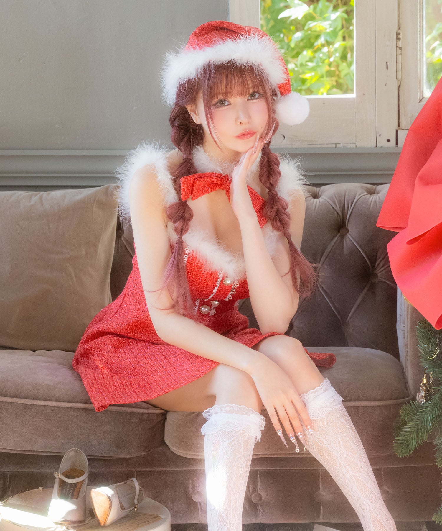 ティカ Tika サンタコス サンタコスプレ ツイード リボン レース フレアスカート ドレス セクシー クリスマス コスチューム サンタコス 3点set 【返品不可商品】（レッド） レッド