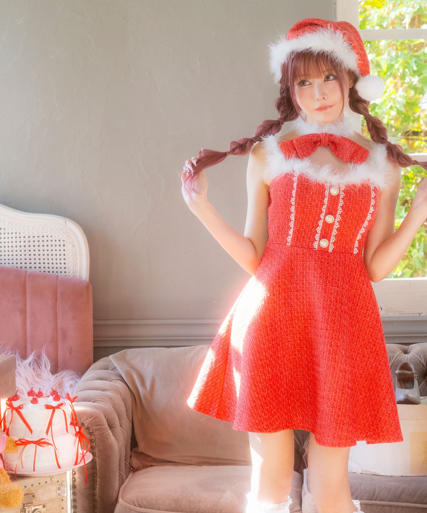 ティカ Tika サンタコス サンタコスプレ ツイード リボン レース フレアスカート ドレス セクシー クリスマス コスチューム サンタコス 3点set 【返品不可商品】（レッド） レッド