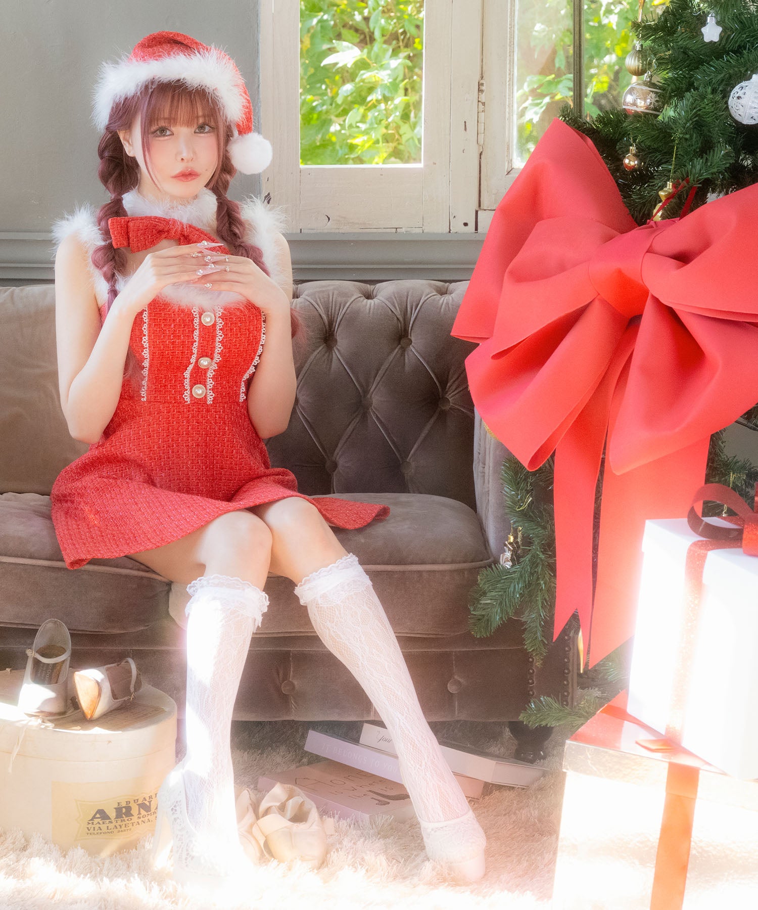 ティカ Tika サンタコス サンタコスプレ ツイード リボン レース フレアスカート ドレス セクシー クリスマス コスチューム サンタコス 3点set 【返品不可商品】（レッド） レッド