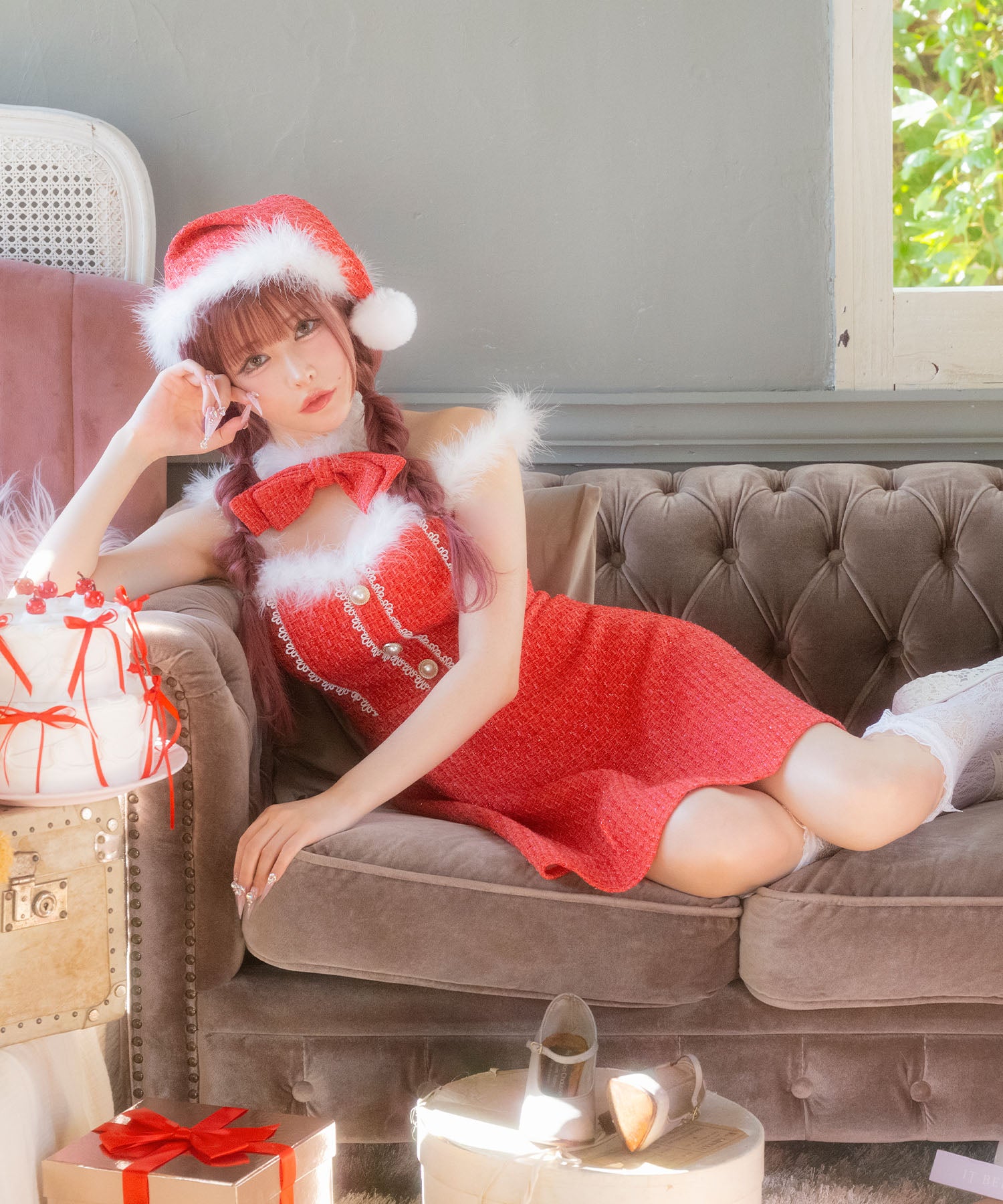 ティカ Tika サンタコス サンタコスプレ ツイード リボン レース フレアスカート ドレス セクシー クリスマス コスチューム サンタコス 3点set 【返品不可商品】（レッド） レッド