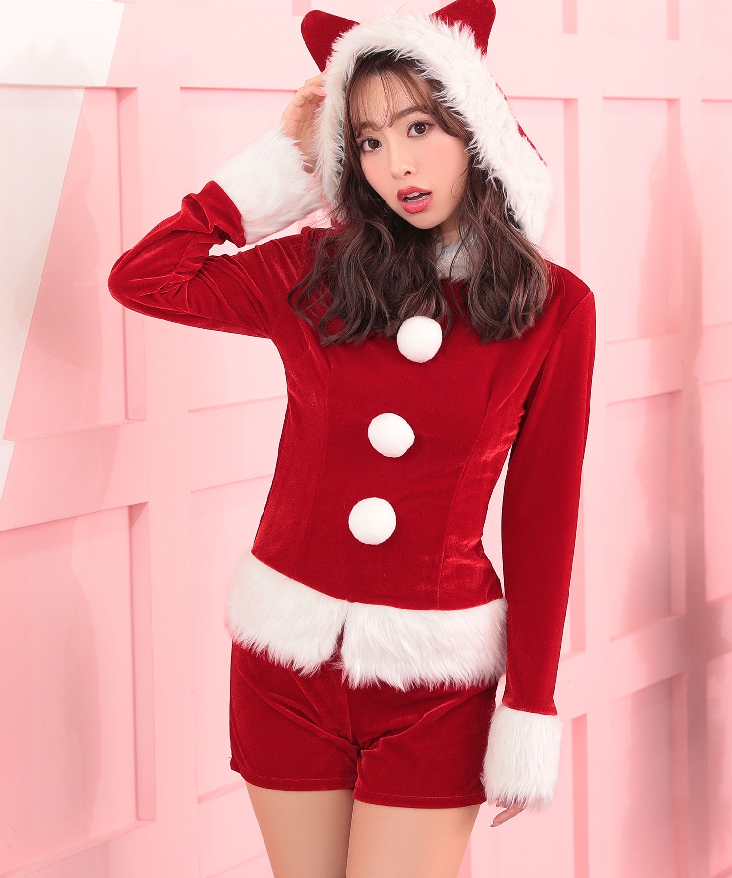 ティカ Tika クリスマスコスプレネコ耳フード付きトップス×ショートパンツセットアップサンタコスチューム2点セット【返品不可商品】