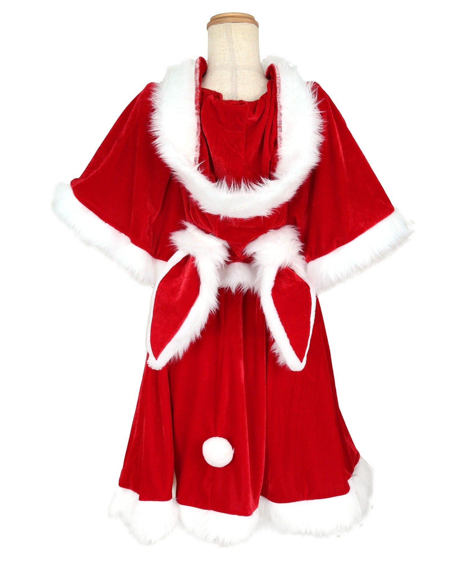 ティカ Tika クリスマスコスプレうさ耳フード付きケープ×ノースリーブAラインワンピースサンタコスチューム4点セット【返品不可商品】