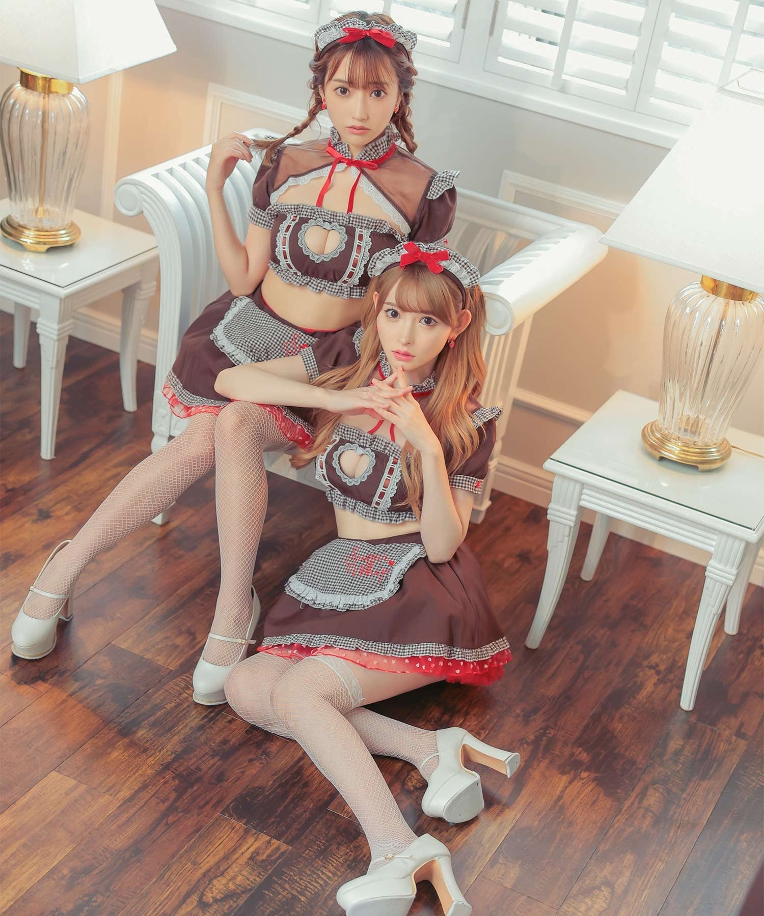 ティカ Tika ハロウィン  ギンガムチェックラブリーリボンランジェリー風デザインセクシーメイドハロウィンコスプレ衣装4点セット【返品不可商品】