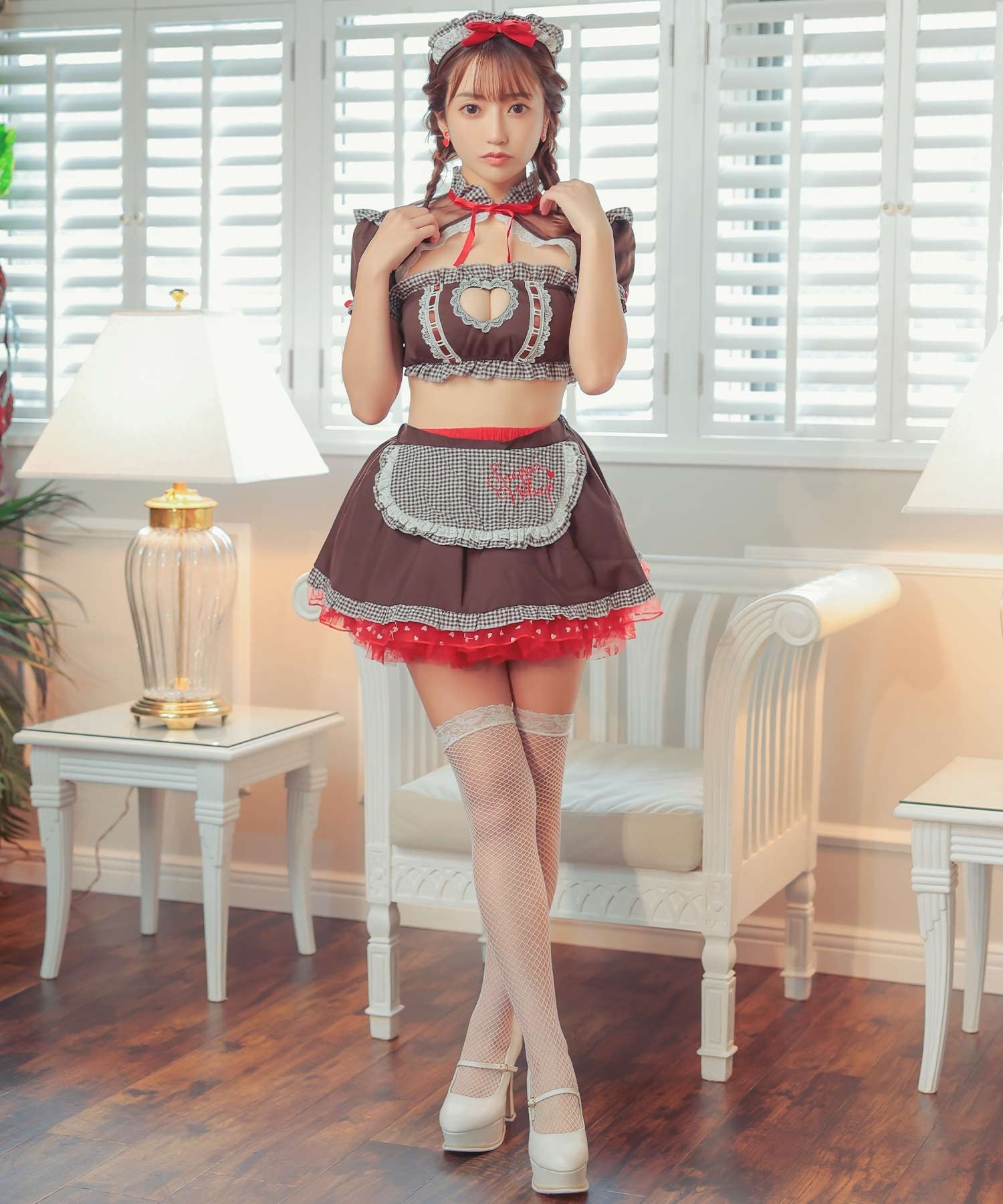 ティカ Tika ハロウィン  ギンガムチェックラブリーリボンランジェリー風デザインセクシーメイドハロウィンコスプレ衣装4点セット【返品不可商品】