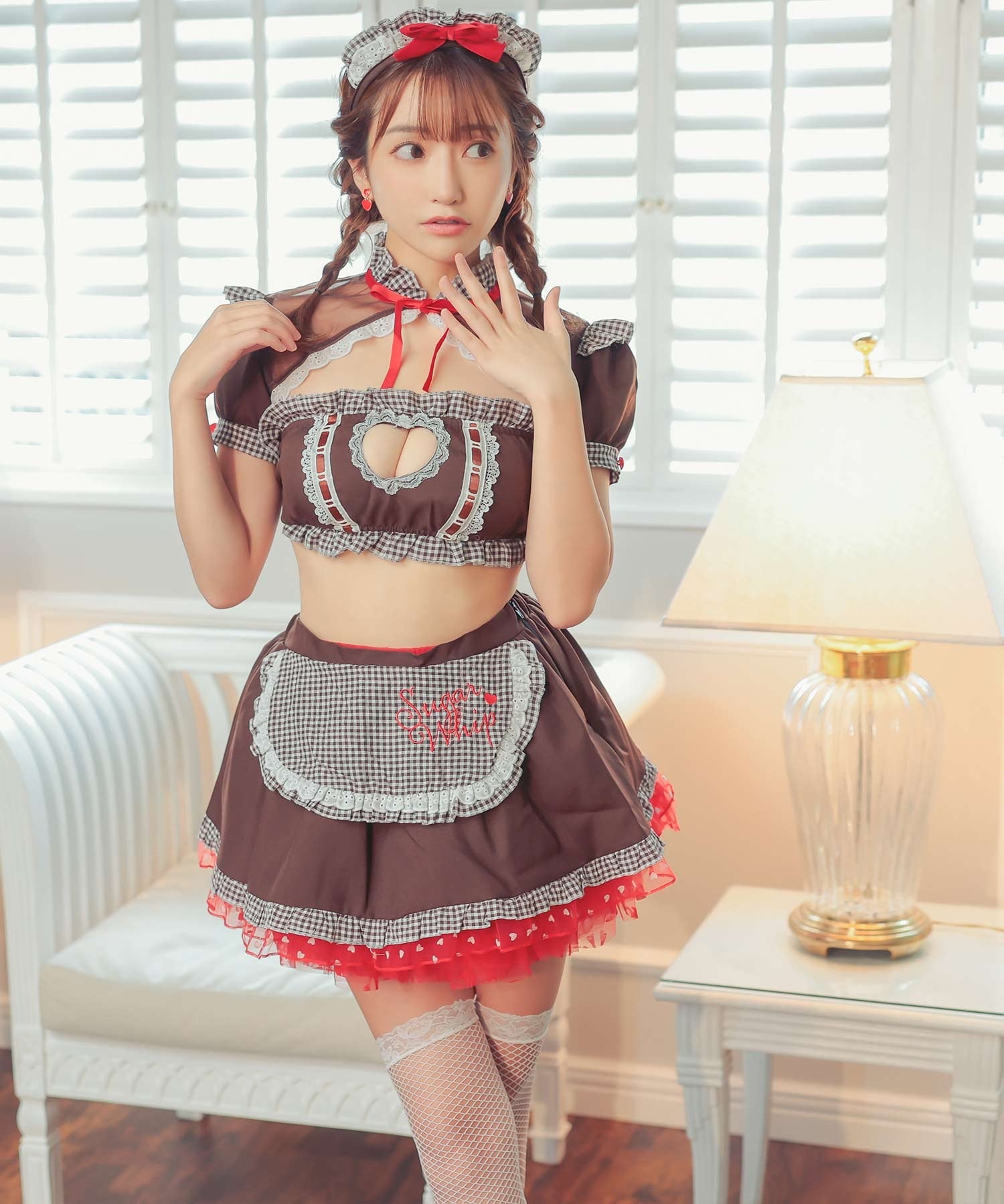ティカ Tika ハロウィン  ギンガムチェックラブリーリボンランジェリー風デザインセクシーメイドハロウィンコスプレ衣装4点セット【返品不可商品】