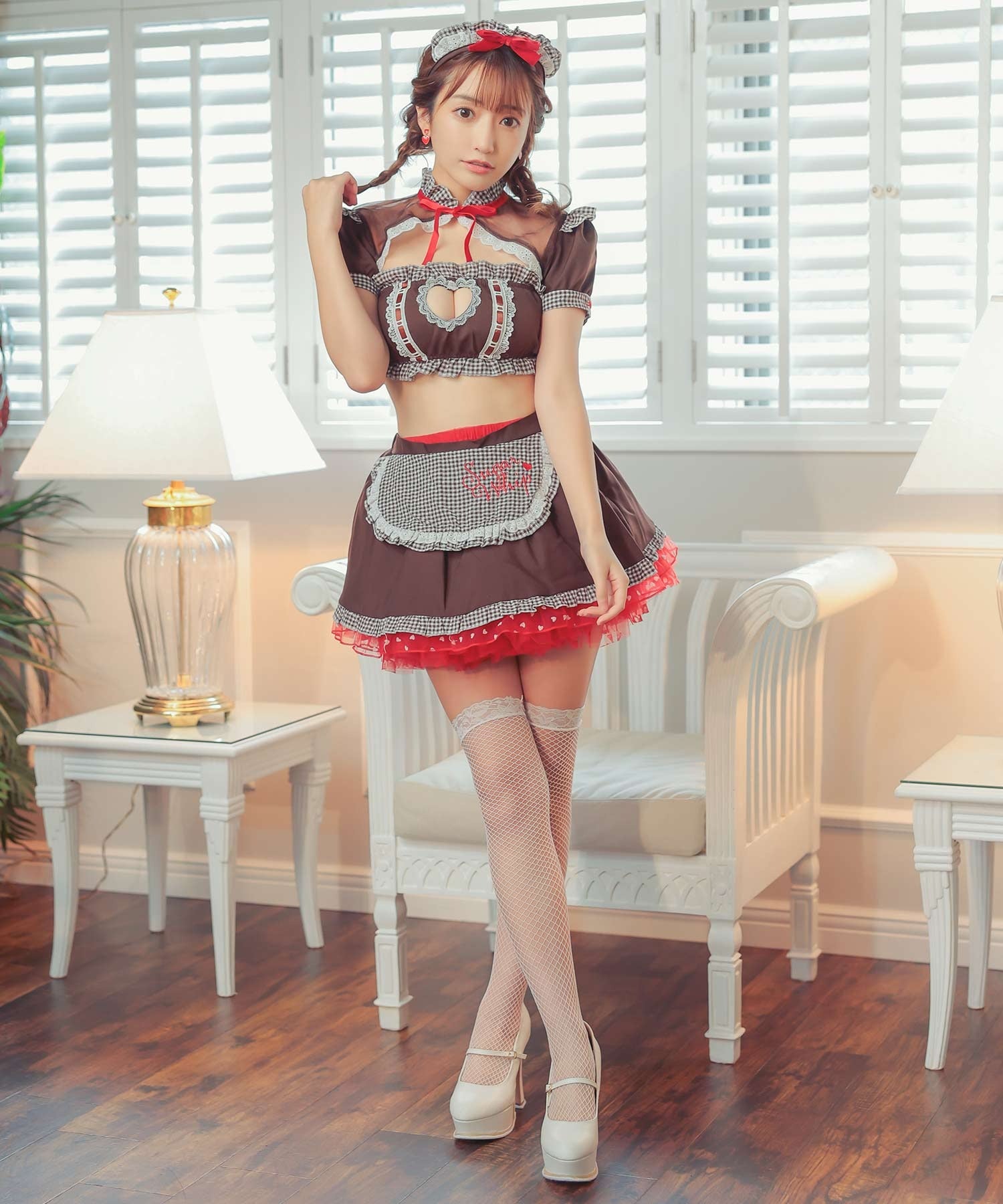 ティカ Tika ハロウィン  ギンガムチェックラブリーリボンランジェリー風デザインセクシーメイドハロウィンコスプレ衣装4点セット【返品不可商品】
