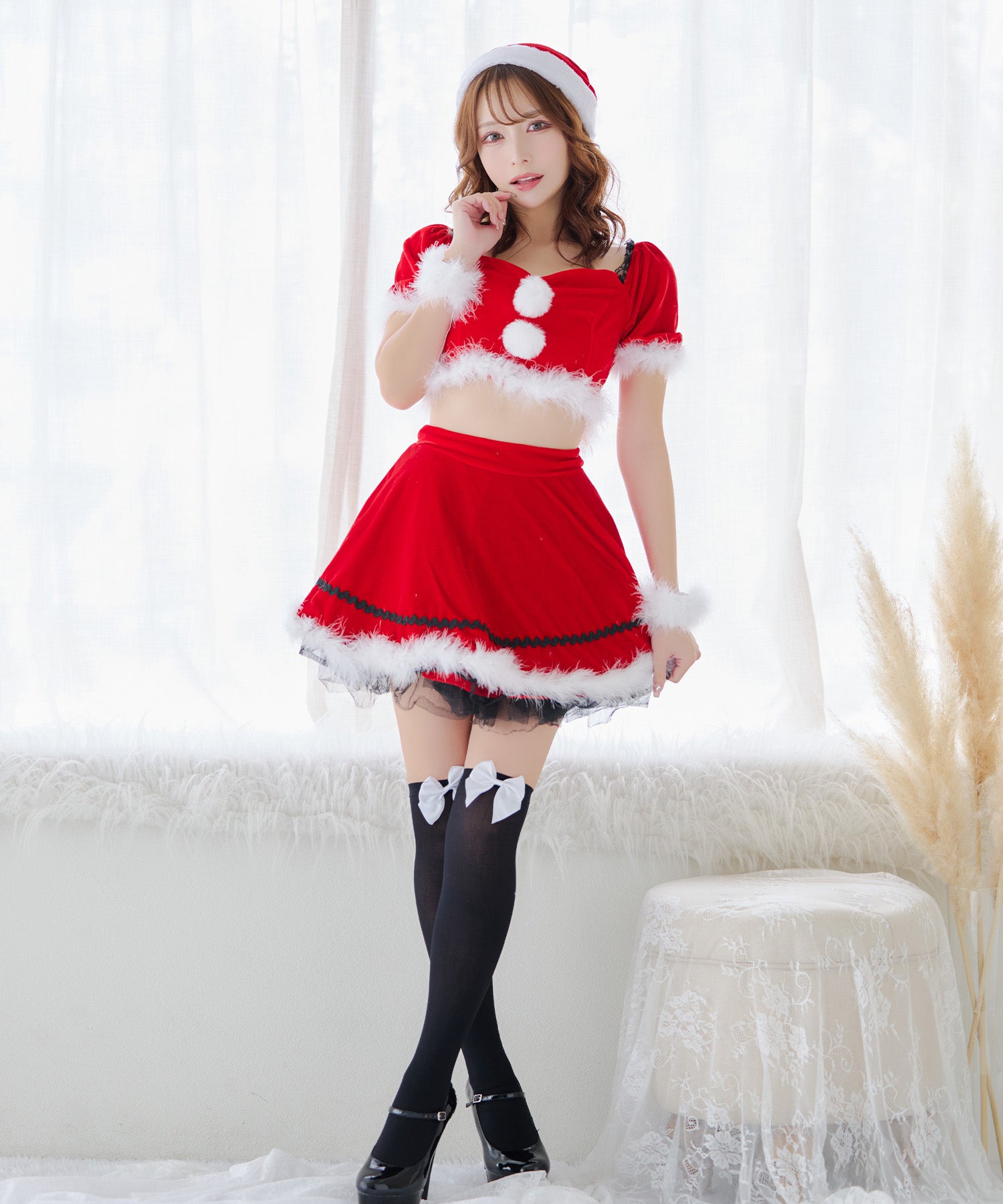 ティカ Tika クリスマスコスプレレースデザイン半袖トップス×フレアスカートセットアップサンタコスチューム4点セット【返品不可商品】（レッド） レッド
