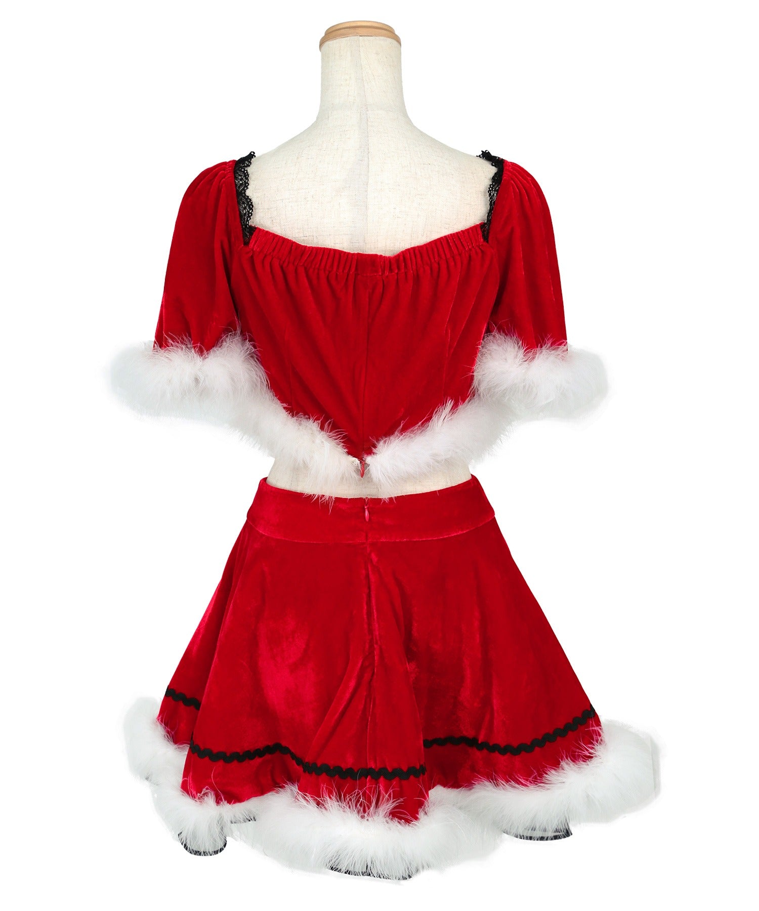 ティカ Tika クリスマスコスプレレースデザイン半袖トップス×フレアスカートセットアップサンタコスチューム4点セット【返品不可商品】（レッド） レッド