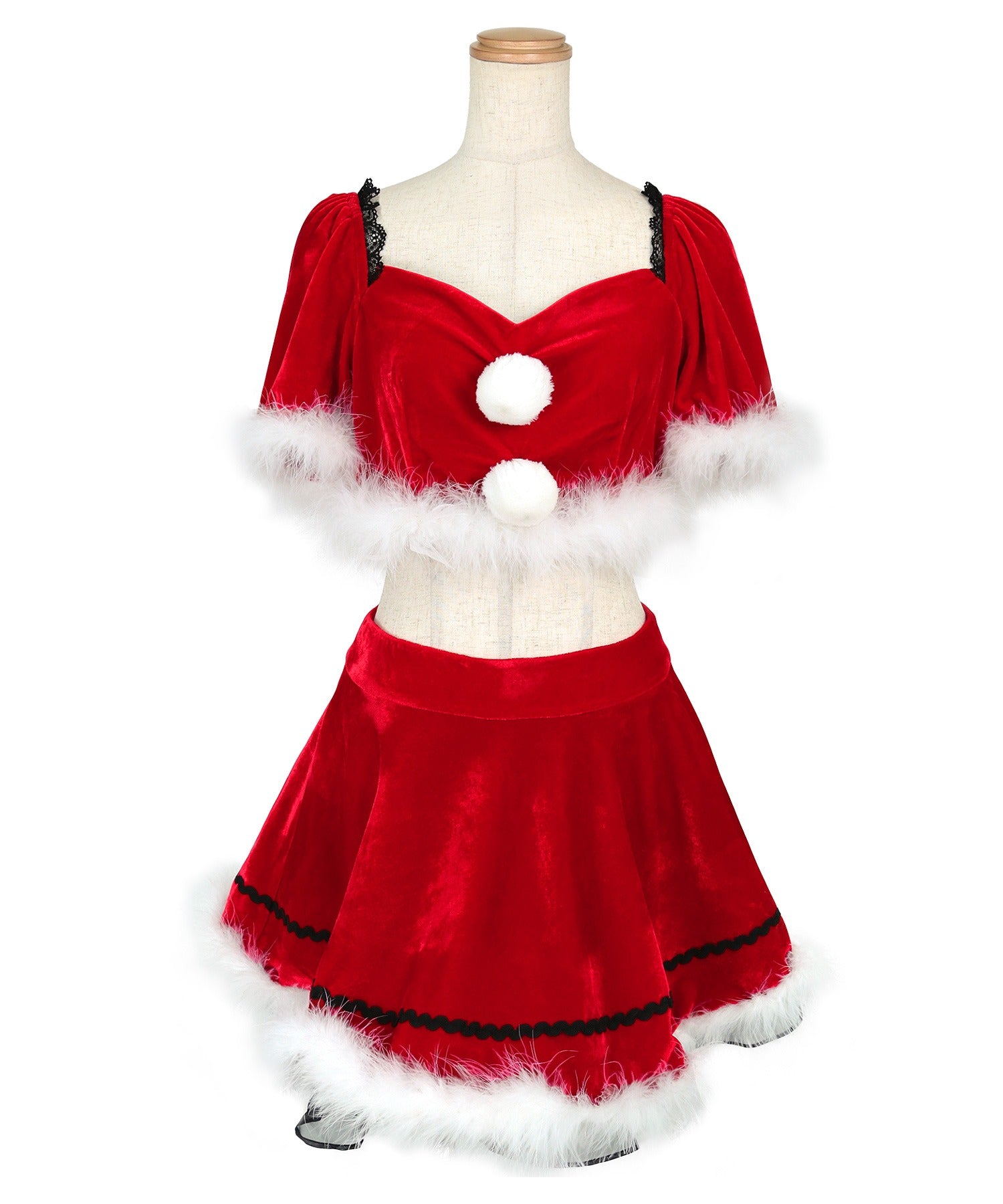 ティカ Tika クリスマスコスプレレースデザイン半袖トップス×フレアスカートセットアップサンタコスチューム4点セット【返品不可商品】（レッド） レッド