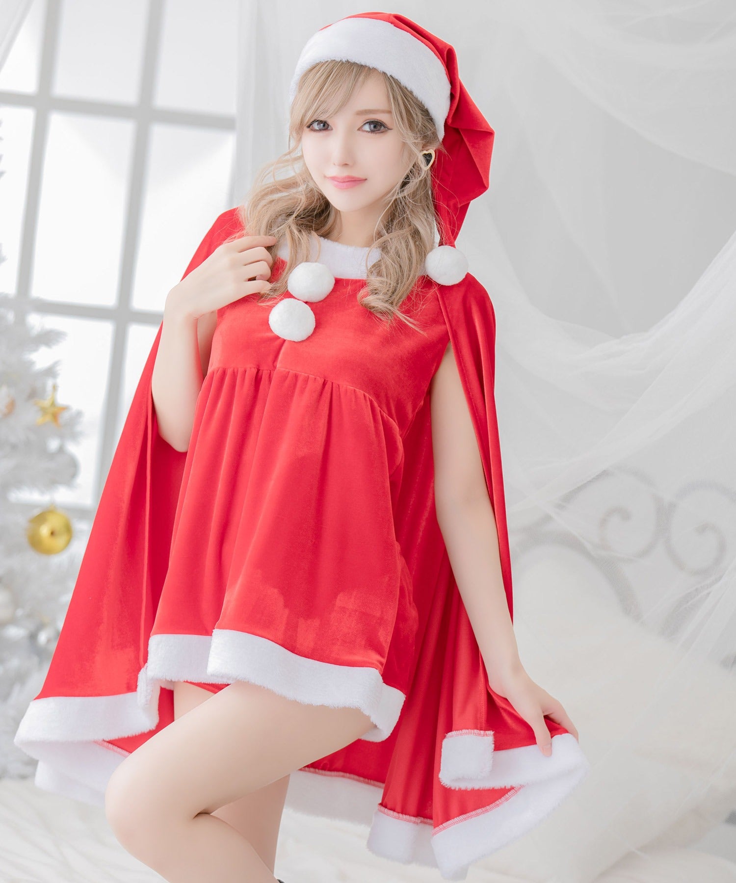 ティカ Tika クリスマスコスプレケープデザイントップス×ショートパンツセットアップサンタコスチューム3点セット【返品不可商品】,レッド