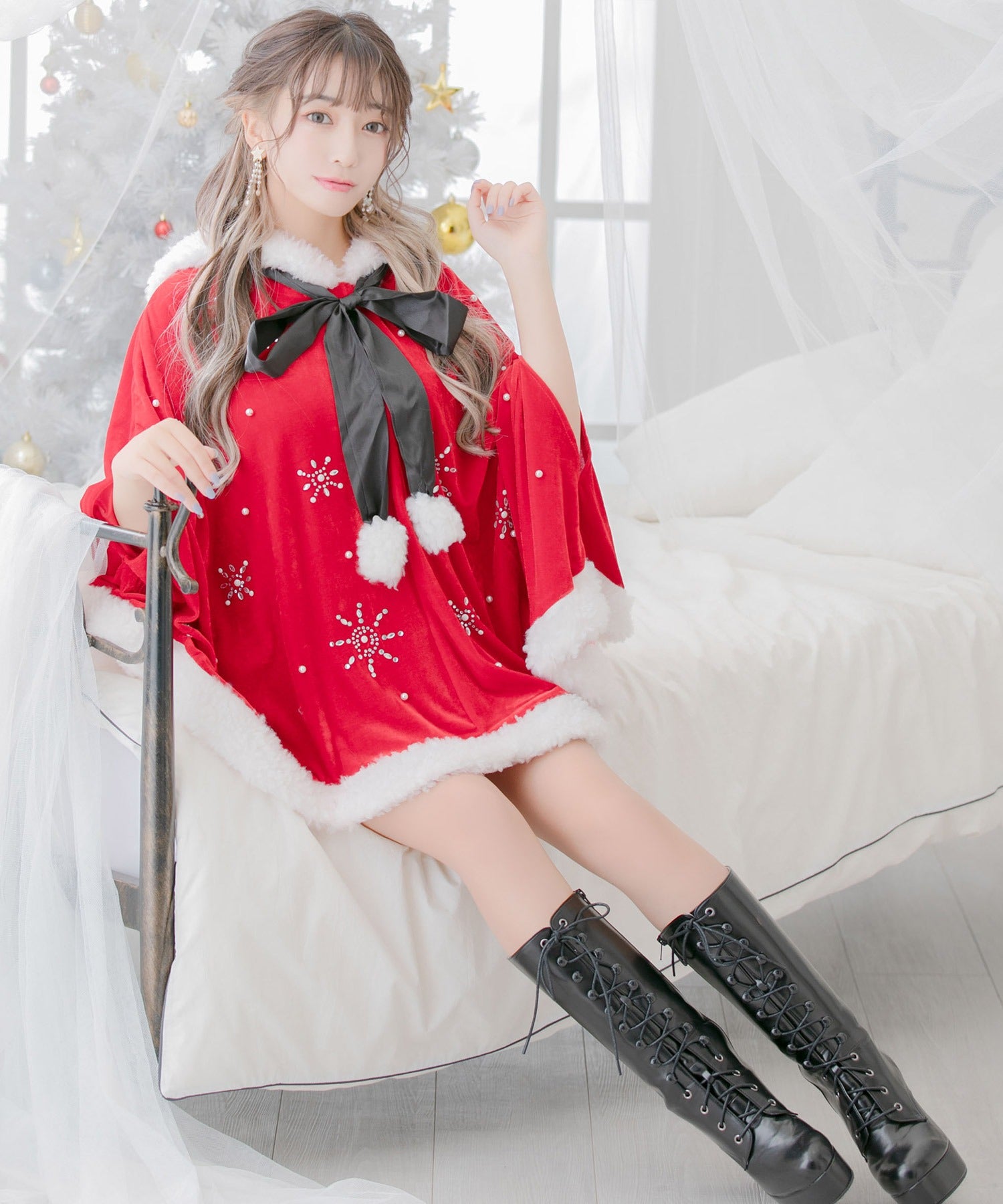 ティカ Tika クリスマスコスプレフードリボンポンチョサンタコスチューム3点セット【返品不可商品】（レッド） レッド