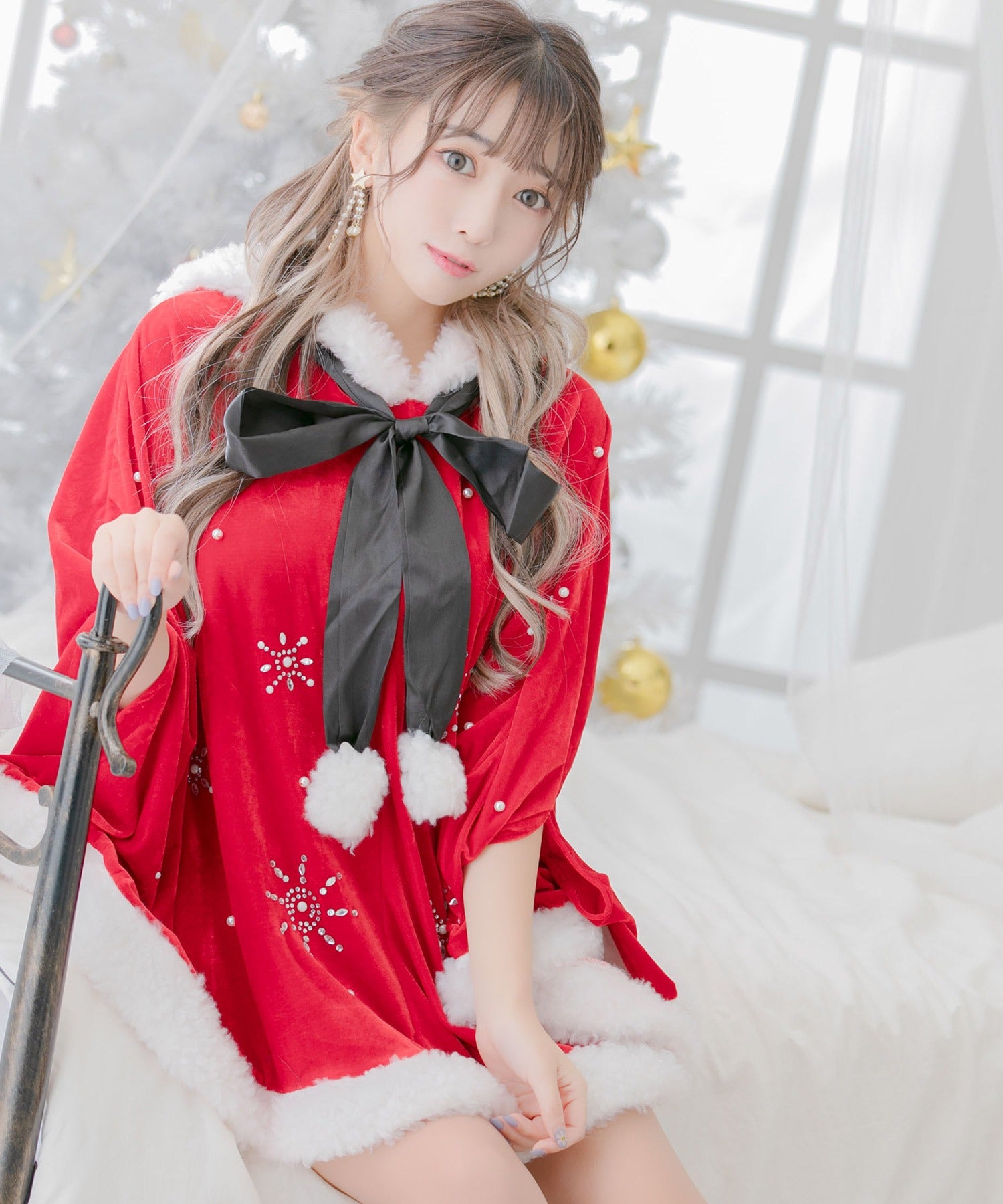 ティカ Tika クリスマスコスプレフードリボンポンチョサンタコスチューム3点セット【返品不可商品】（レッド） レッド