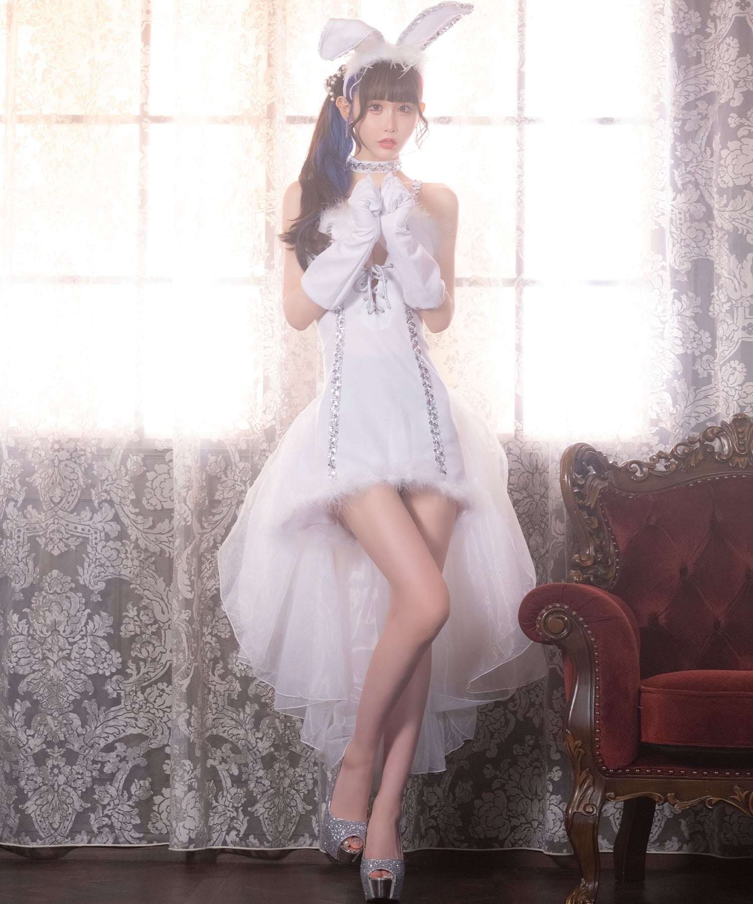 ティカ Tika バニーガールコスプレ衣装フロントスピンドルコルセットフィッシュテールワンピース5点セット【返品不可商品】（ホワイト） ホワイト