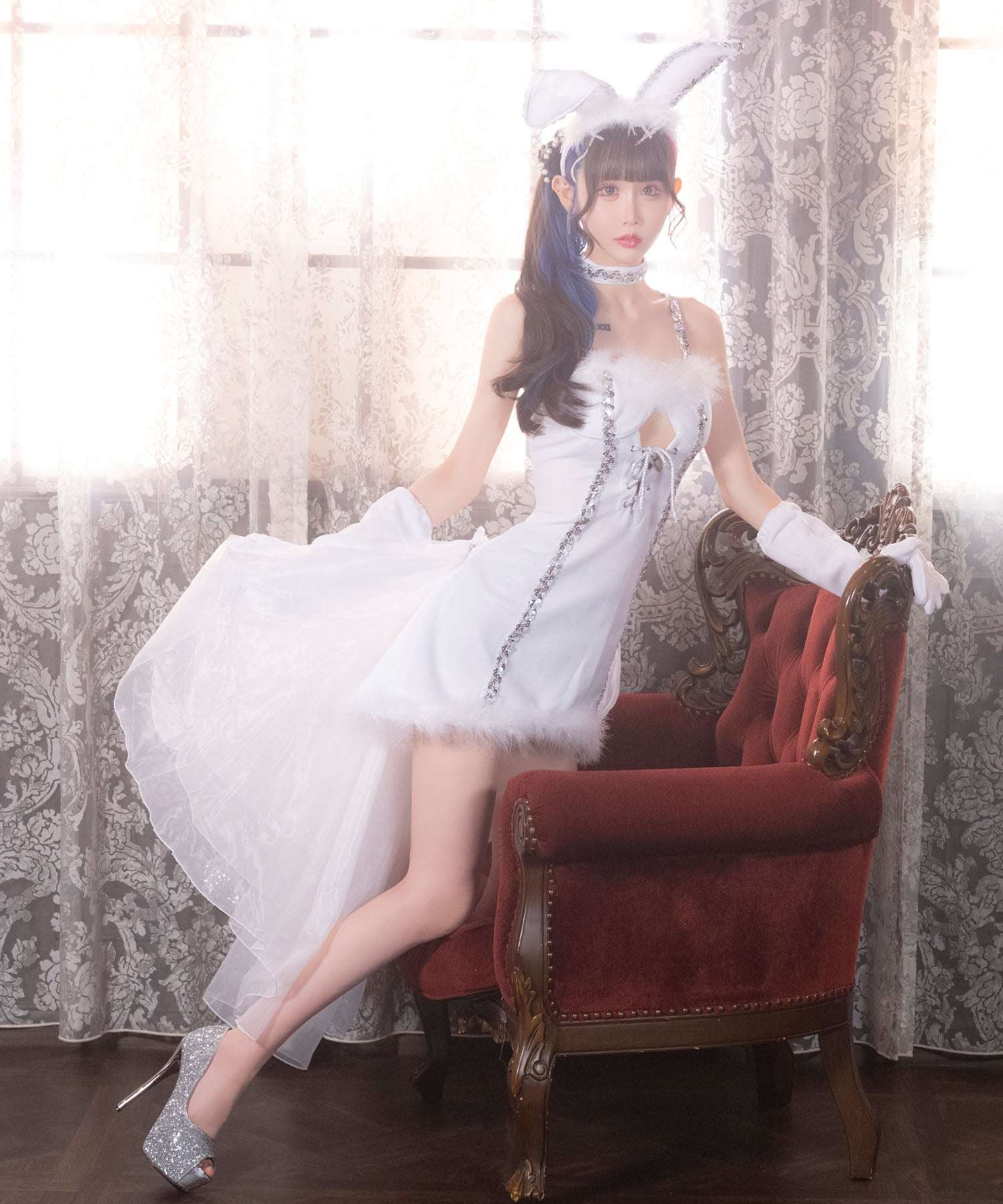 ティカ Tika バニーガールコスプレ衣装フロントスピンドルコルセットフィッシュテールワンピース5点セット【返品不可商品】（ホワイト） ホワイト