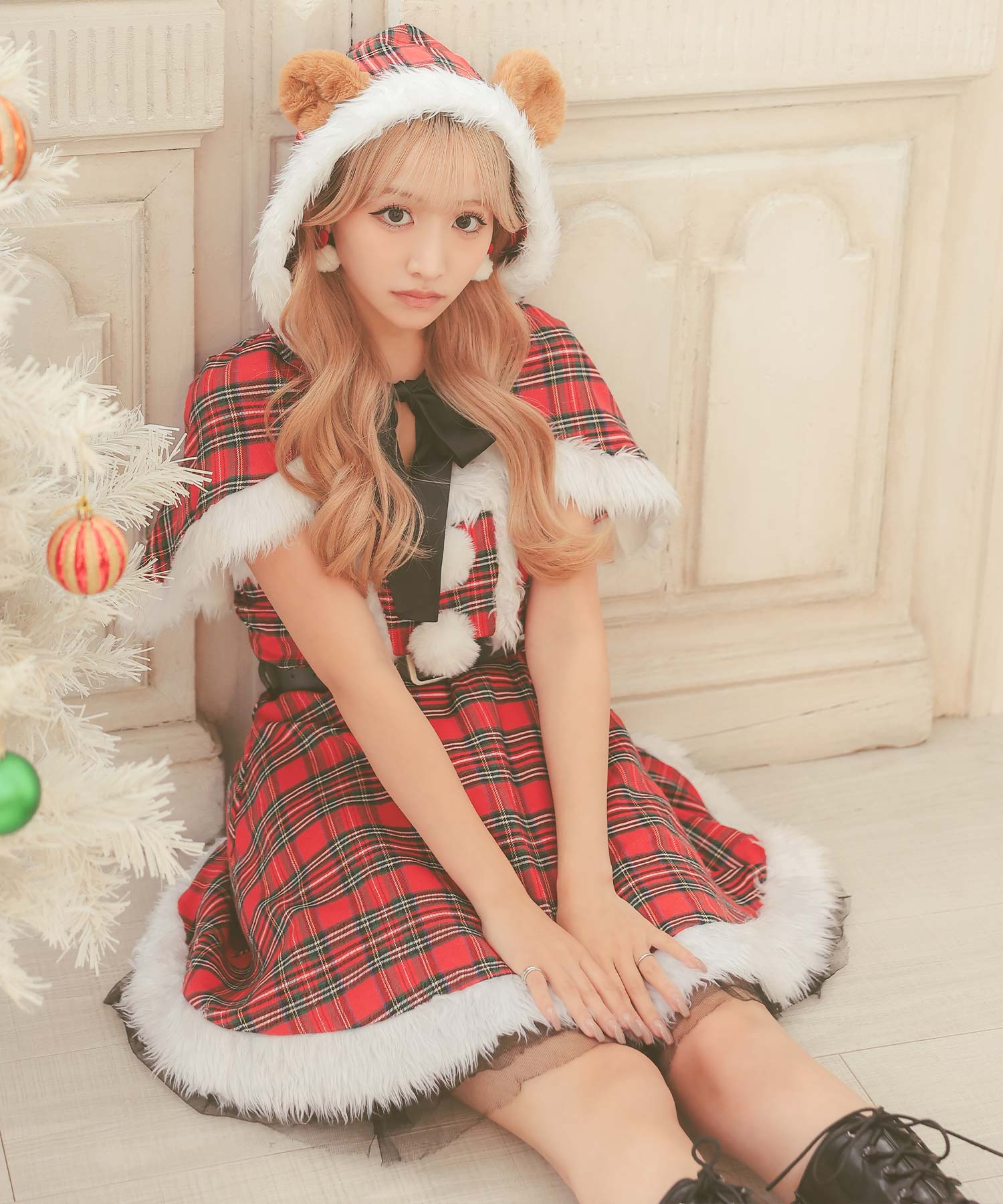 ティカ Tika ケープ付きガーリータータンチェックテディベアフレアスカートアニマルサンタコスプレ サンタコス 4点set【返品不可商品】