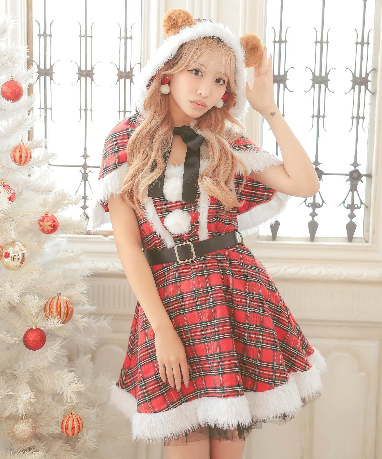 ティカ Tika ケープ付きガーリータータンチェックテディベアフレアスカートアニマルサンタコスプレ サンタコス 4点set【返品不可商品】
