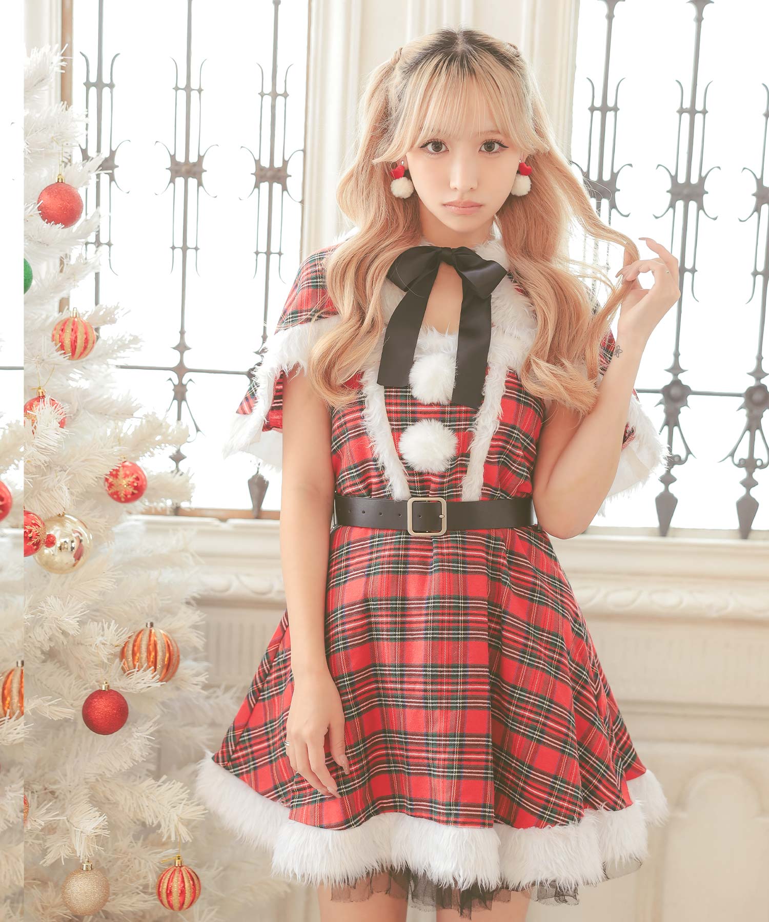 ティカ Tika ケープ付きガーリータータンチェックテディベアフレアスカートアニマルサンタコスプレ サンタコス 4点set【返品不可商品】