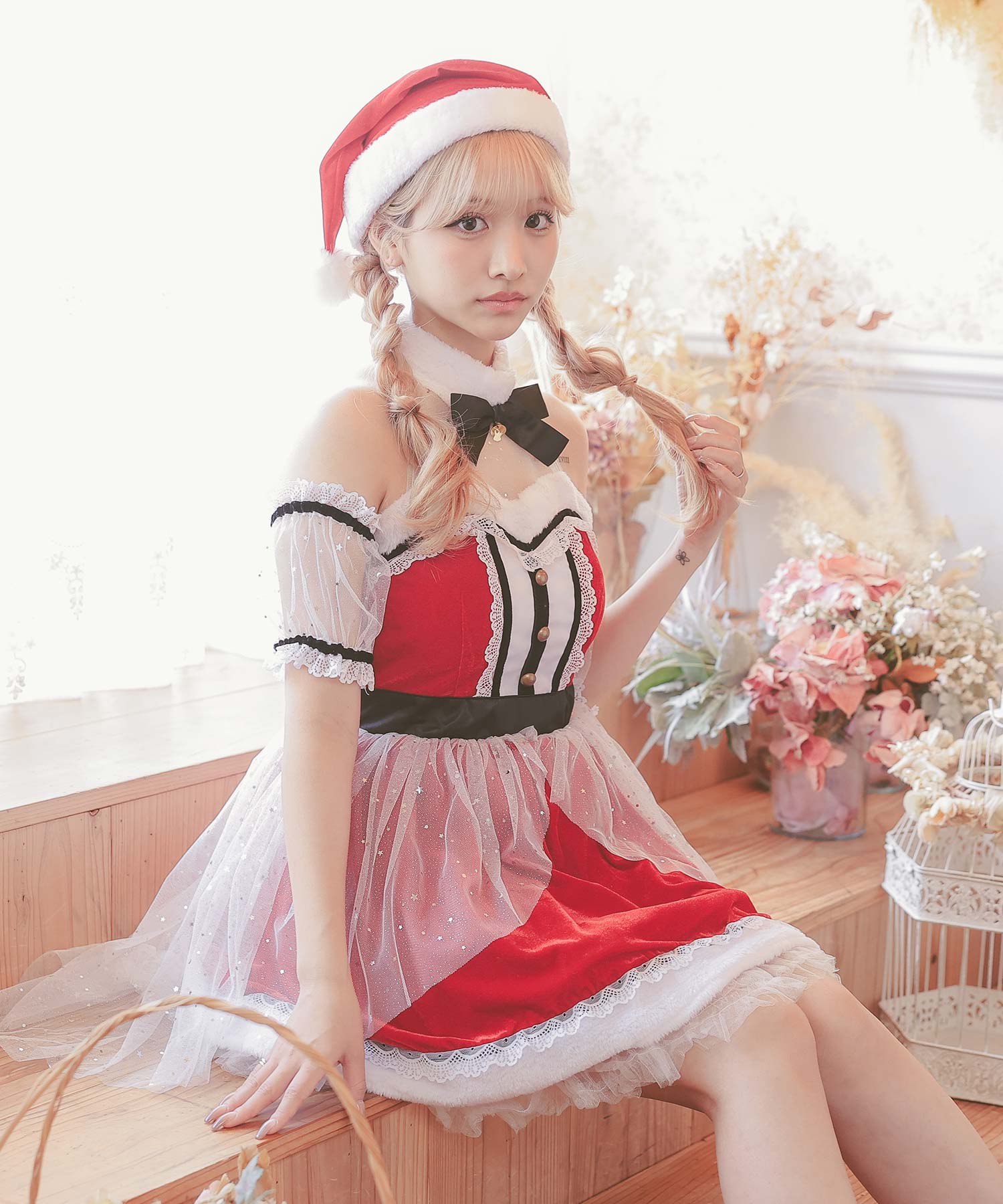 ティカ Tika サンタコス 3点set グリッターチュールレースフレアスカートクラシカルガーリー王道サンタコスプレ【返品不可商品】,レッド