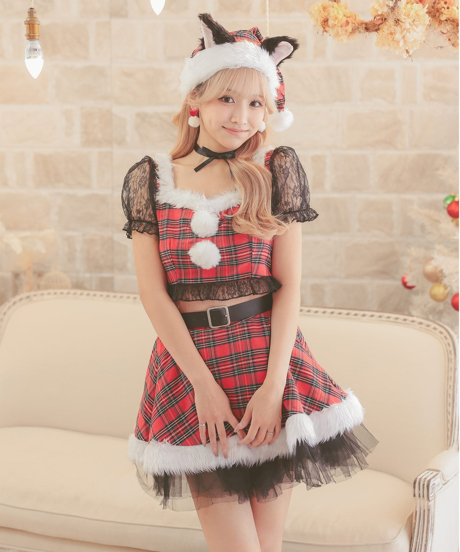Tika Santa costume 5-piece set Girly tartan check lace flare skirt separate cat animal Santa costume [Non-returnable item]