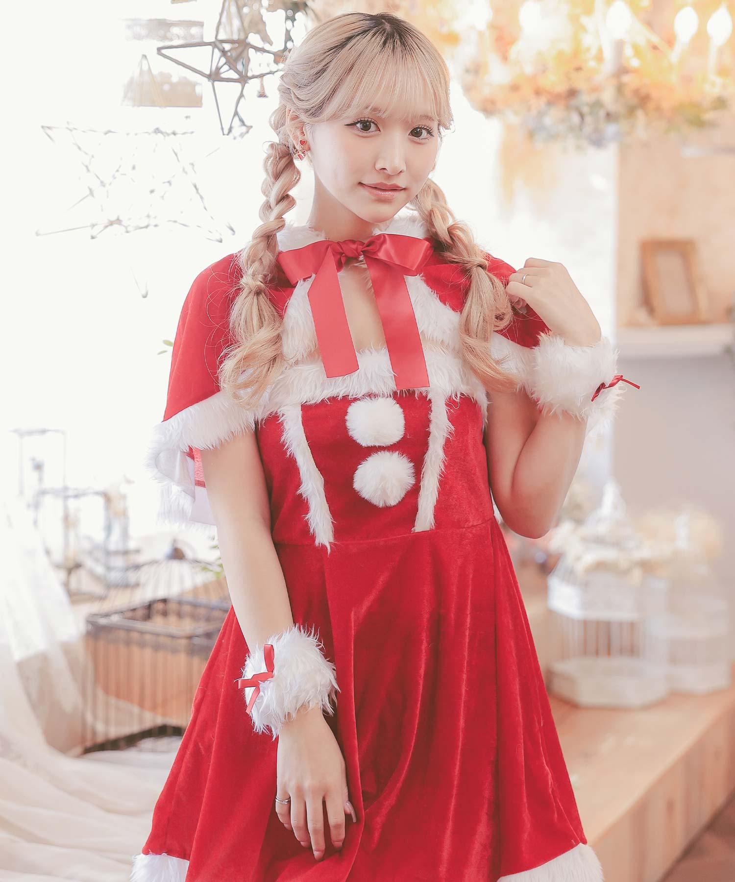 Tika Fluffy Feather Flare Skirt with Cape, Drop Ear Bunny Animal Santa Cosplay, Santa Costume, 4-piece set [Non-returnable item]