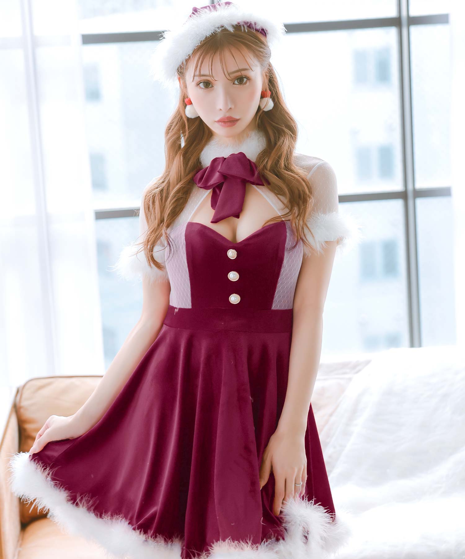 ティカ Tika ふわふわファー付きネックリボンバストカットフレアスカートクラシカルガーリー王道サンタコスプレ サンタコス 2点set【返品不可商品】,ワインレッド