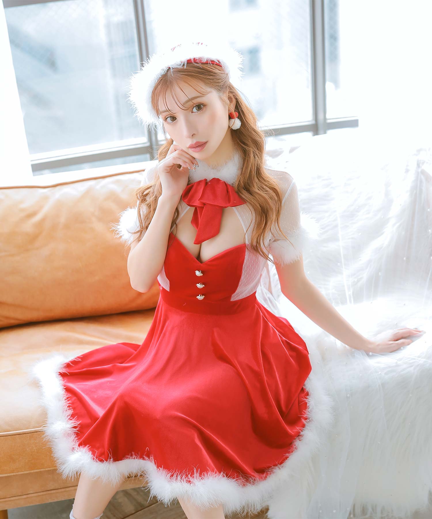 ティカ Tika ふわふわファー付きネックリボンバストカットフレアスカートクラシカルガーリー王道サンタコスプレ サンタコス 2点set【返品不可商品】,レッド