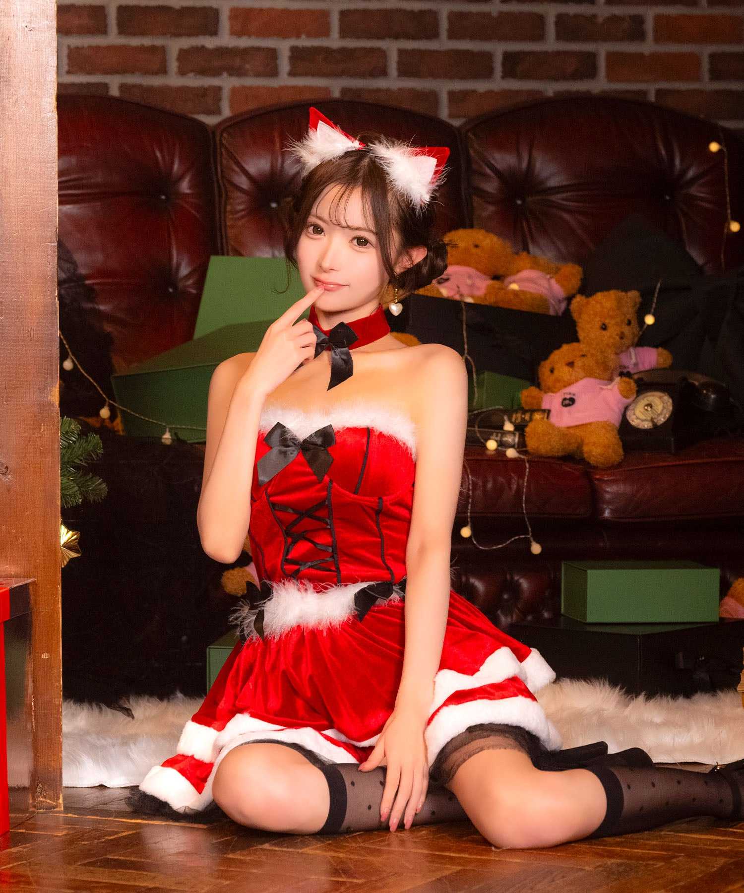 ティカ Tika ふわふわファー付きバックスピンドルビスチェセパレート2段フレアスカート猫アニマルサンタコスプレ サンタコス 4点set【返品不可商品】（レッド） レッド