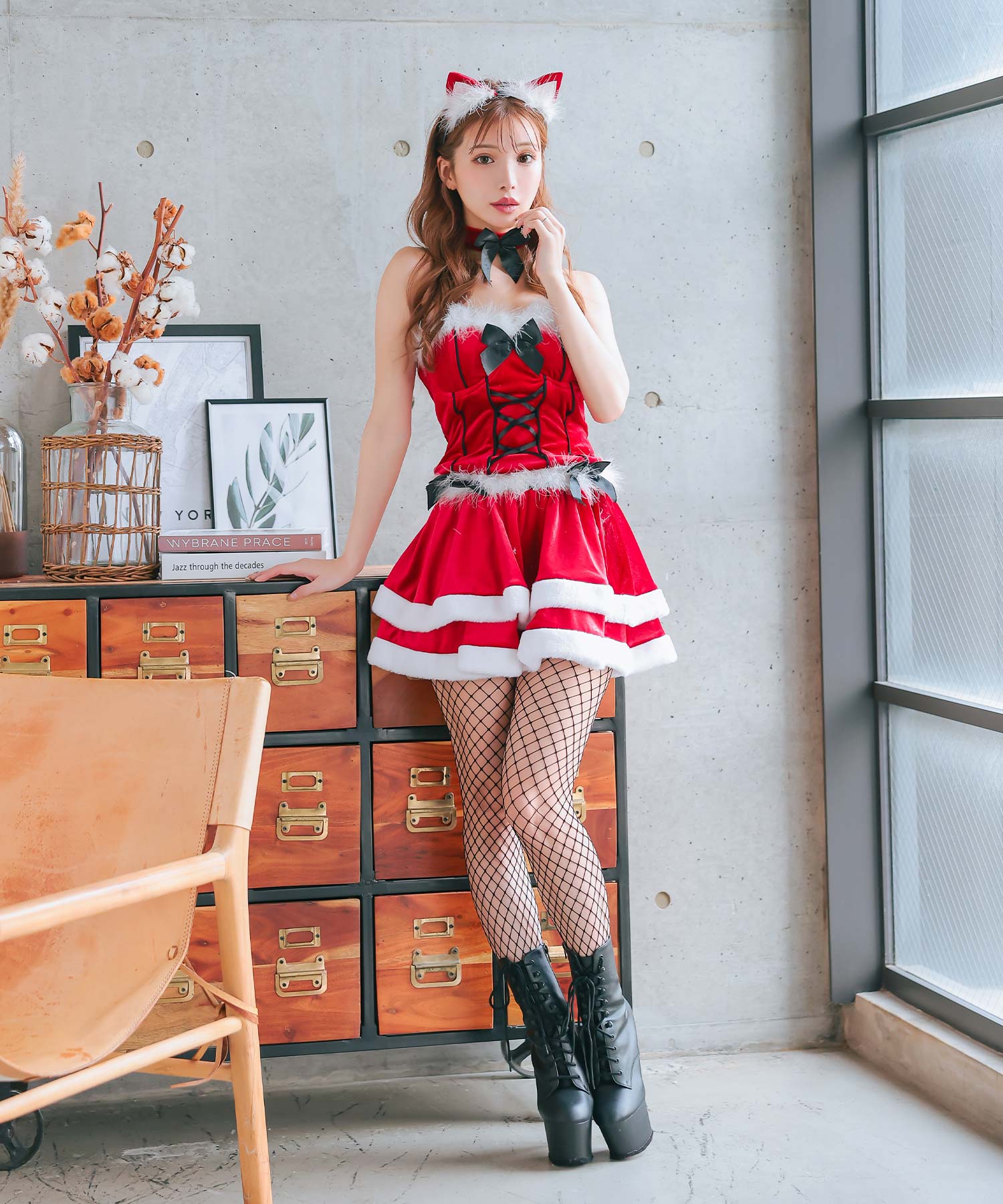 ティカ Tika ふわふわファー付きバックスピンドルビスチェセパレート2段フレアスカート猫アニマルサンタコスプレ サンタコス 4点set【返品不可商品】（レッド） レッド