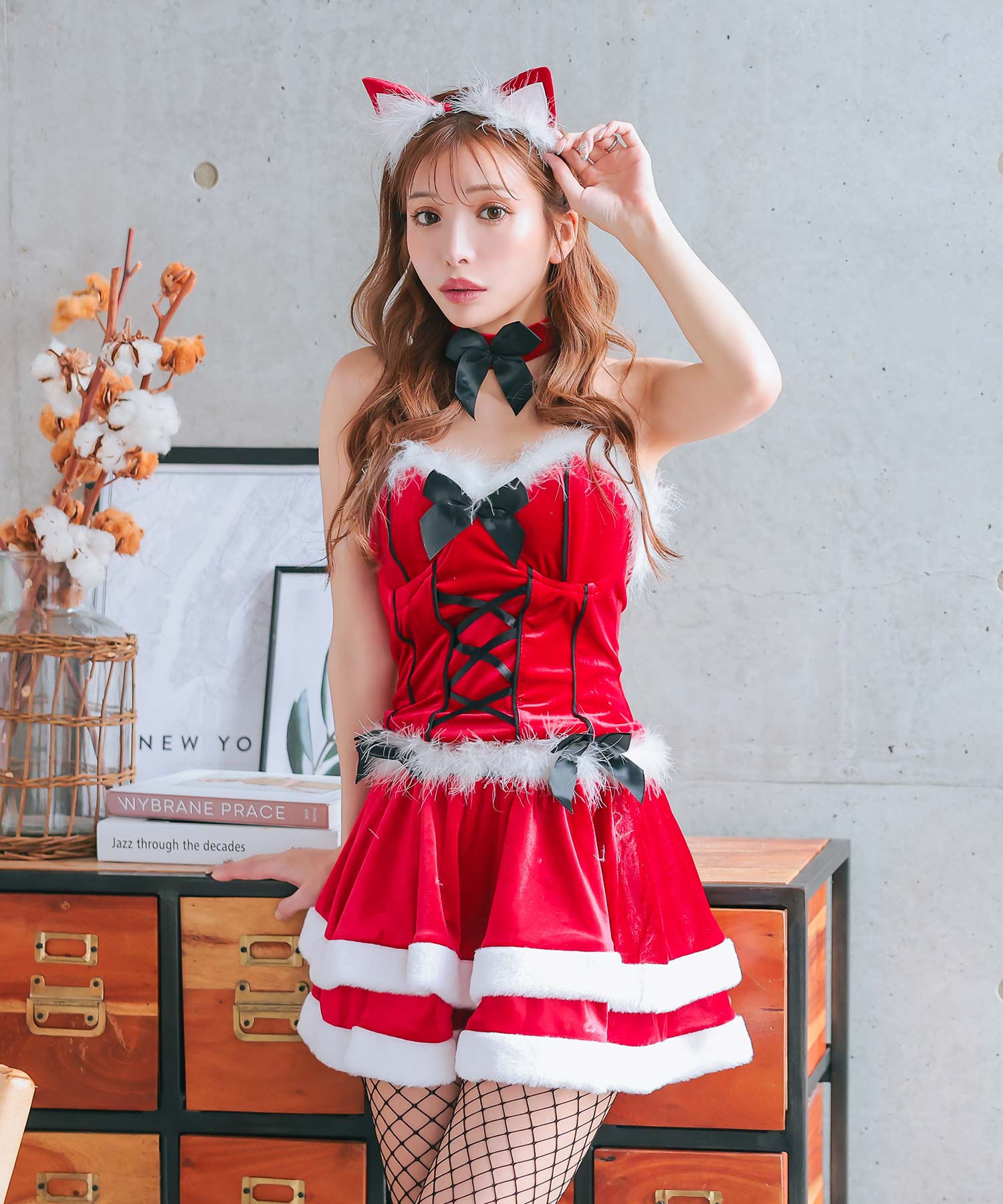 ティカ Tika ふわふわファー付きバックスピンドルビスチェセパレート2段フレアスカート猫アニマルサンタコスプレ サンタコス 4点set【返品不可商品】（レッド） レッド