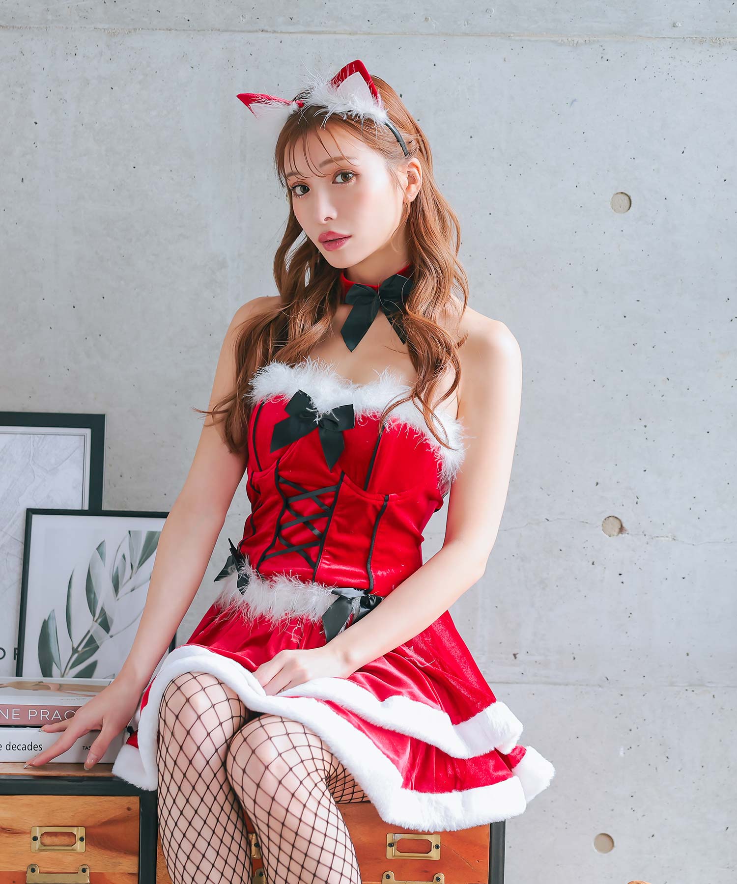 ティカ Tika ふわふわファー付きバックスピンドルビスチェセパレート2段フレアスカート猫アニマルサンタコスプレ サンタコス 4点set【返品不可商品】（レッド） レッド