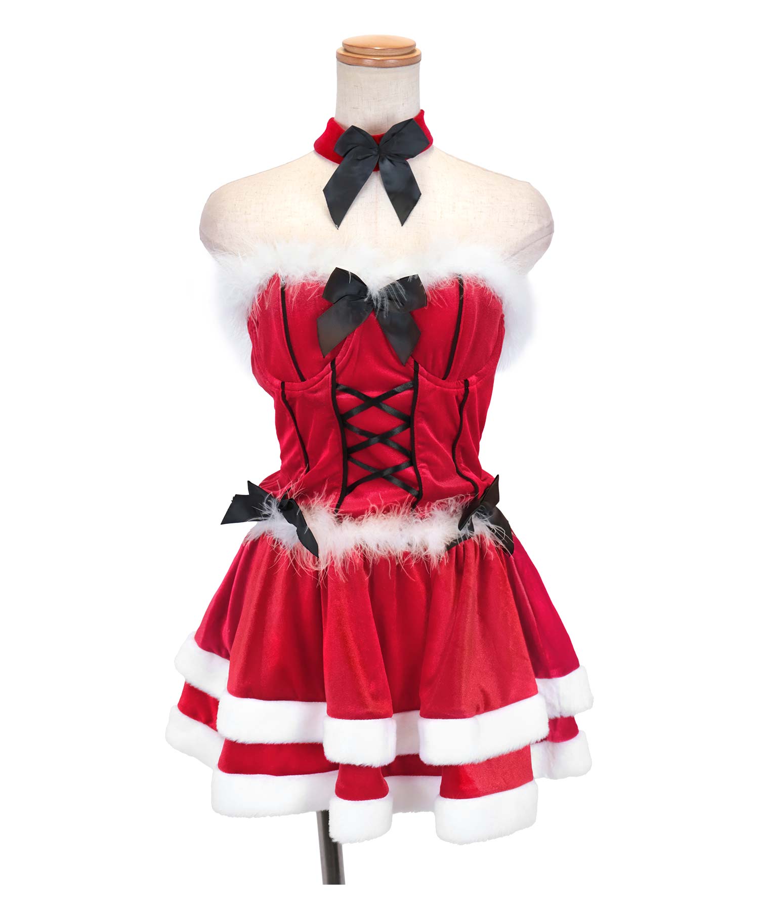 ティカ Tika ふわふわファー付きバックスピンドルビスチェセパレート2段フレアスカート猫アニマルサンタコスプレ サンタコス 4点set【返品不可商品】（レッド） レッド