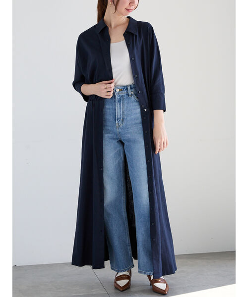 テチチ Te chichi ベルト付きレーヨンリネンシャツワンピース （ネイビー） ネイビー