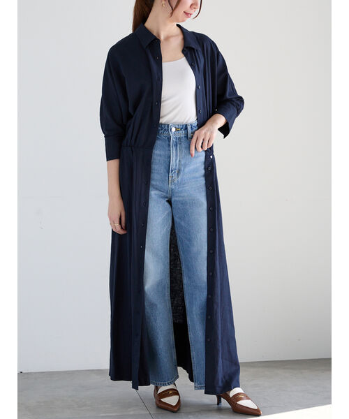 テチチ Te chichi ベルト付きレーヨンリネンシャツワンピース （ネイビー） ネイビー
