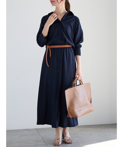 テチチ Te chichi ベルト付きレーヨンリネンシャツワンピース （ネイビー） ネイビー