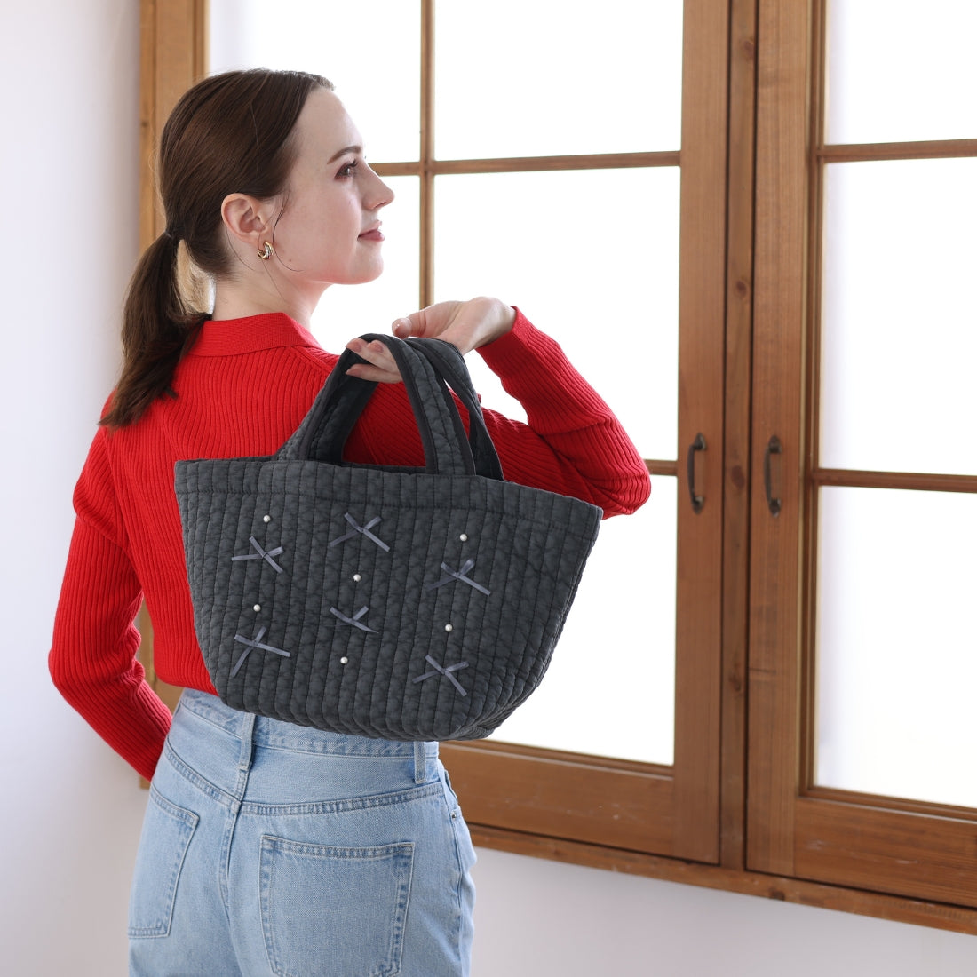 トウキョウヒャッカ 東京百花 【Tote Seryon トートセリョン】リボン＆パール(チャコールグレー) （CHACO） CHACO