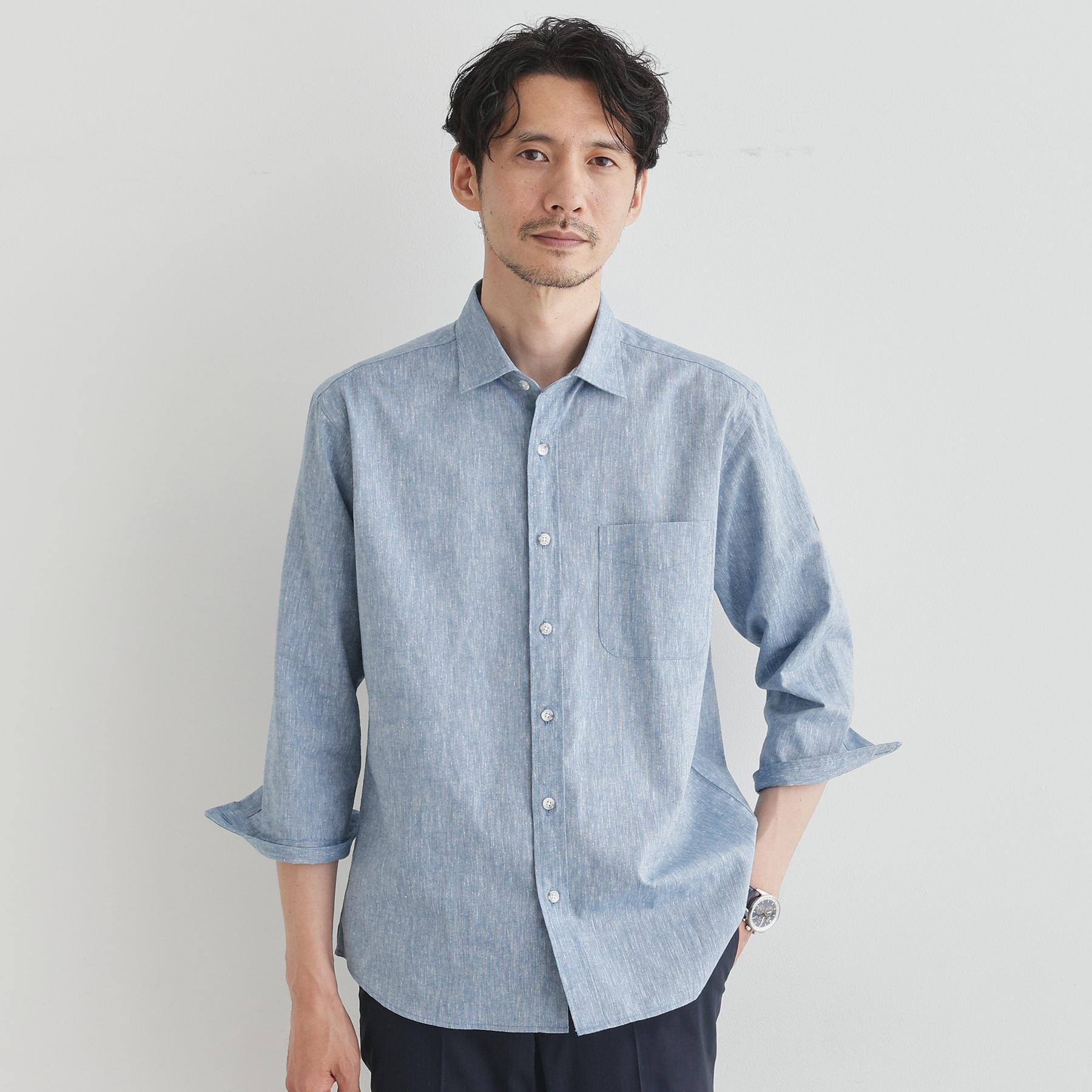 タケオキクチ TAKEO KIKUCHI 【Sサイズ～】ハイブリッド リネン 7分袖 シャツ （ブルー(092)） ブルー(092)