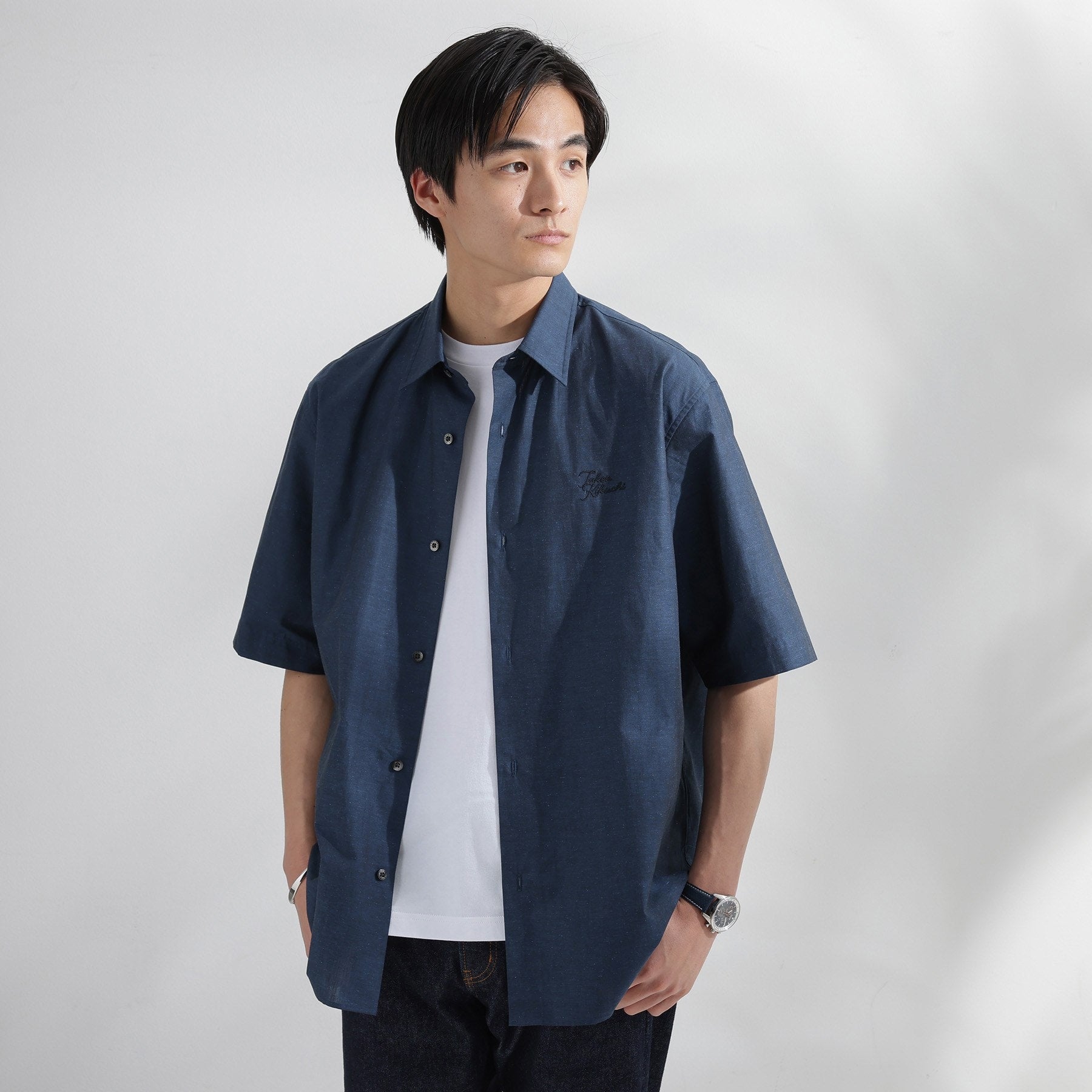 タケオキクチ TAKEO KIKUCHI 【LIMITED】ワンポイントロゴ刺繍 綿麻半袖シャツ （ブラック(019)） ブラック(019)