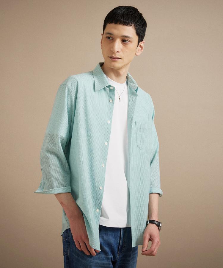 タケオキクチ TAKEO KIKUCHI 【通気性】トリコットサッカー 7分袖シャツ （ミントグリーン(021)） ミントグリーン(021)